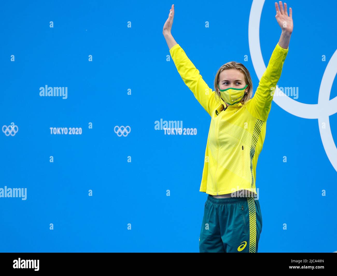 JULY 28th, 2021 - TOKYO, JAPAN: Ariarne Titmus of Australia wins the Gold Medal and breaks the Olympic Record in 1:53.50 in the Women's 200m Freestyle Stock Photo