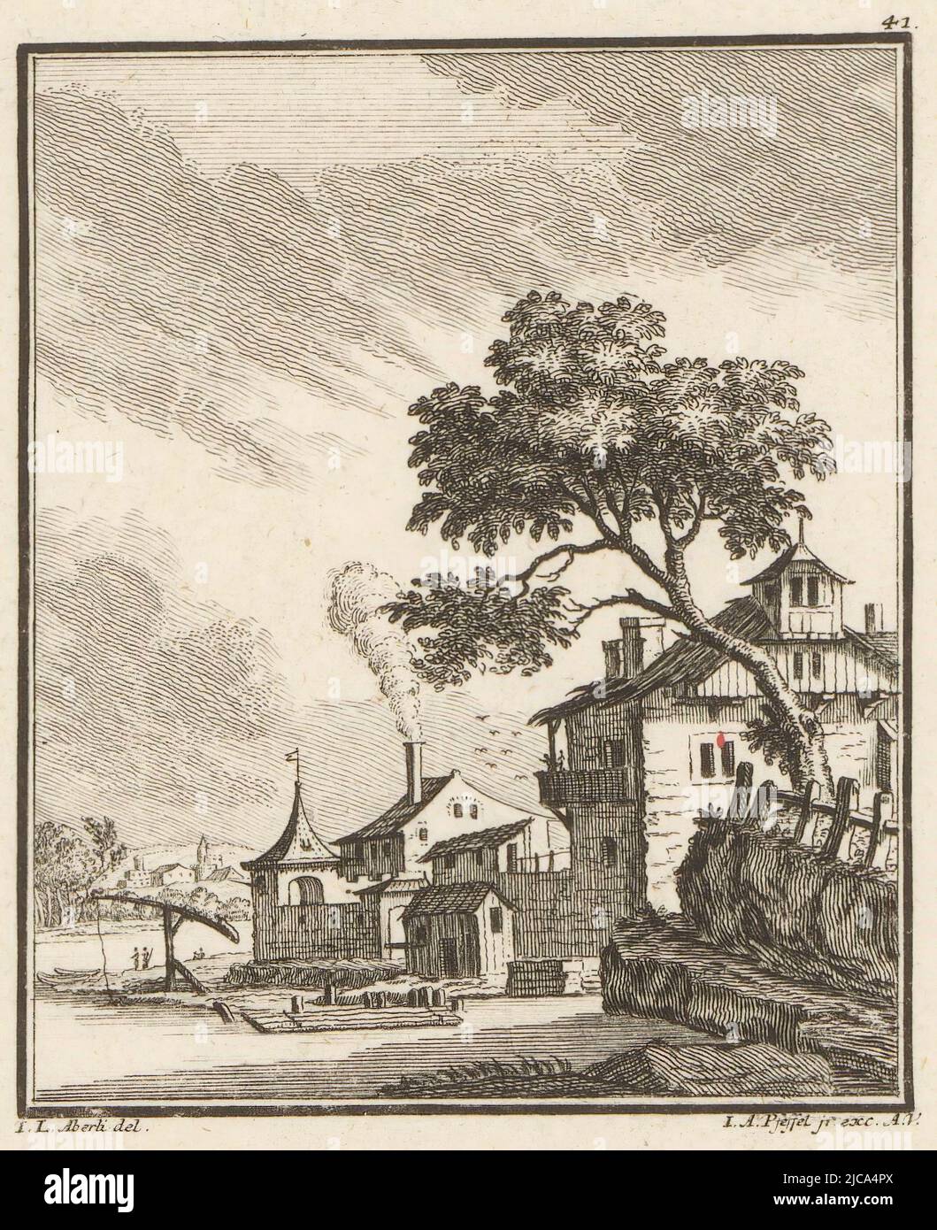 Top right printed number 41, View of a country house, print maker: Johann Andreas Pfeffel (der Jüngere), (mentioned on object), intermediary draughtsman: Johann Ludwig Aberli, (mentioned on object), 1725 - 1768, paper, etching, h 110 mm - w 100 mm Stock Photo
