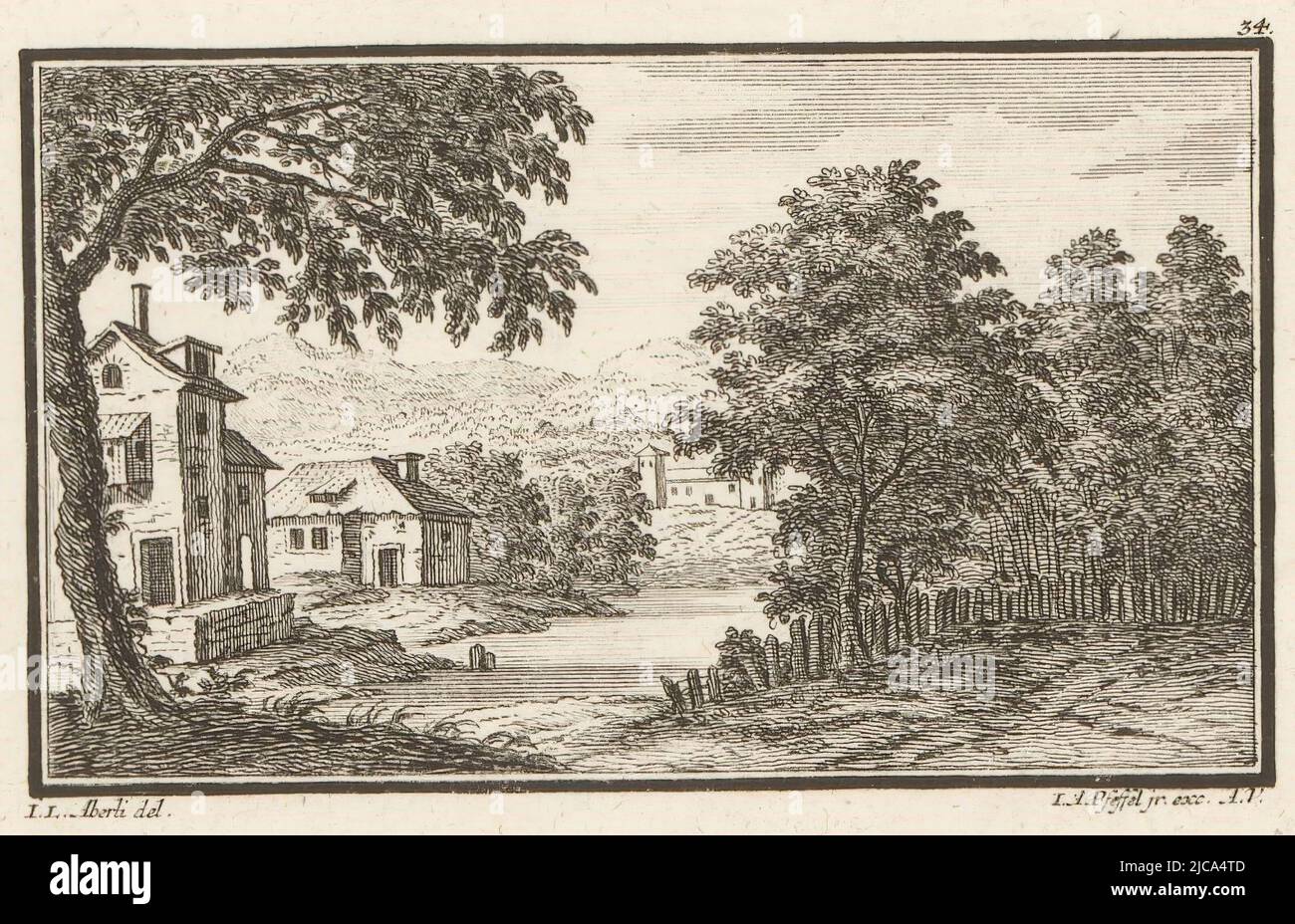 Top right printed number 34, View of a country house, print maker: Johann Andreas Pfeffel (der Jüngere), (mentioned on object), intermediary draughtsman: Johann Ludwig Aberli, (mentioned on object), 1725 - 1768, paper, etching, h 118 mm - w 152 mm Stock Photo