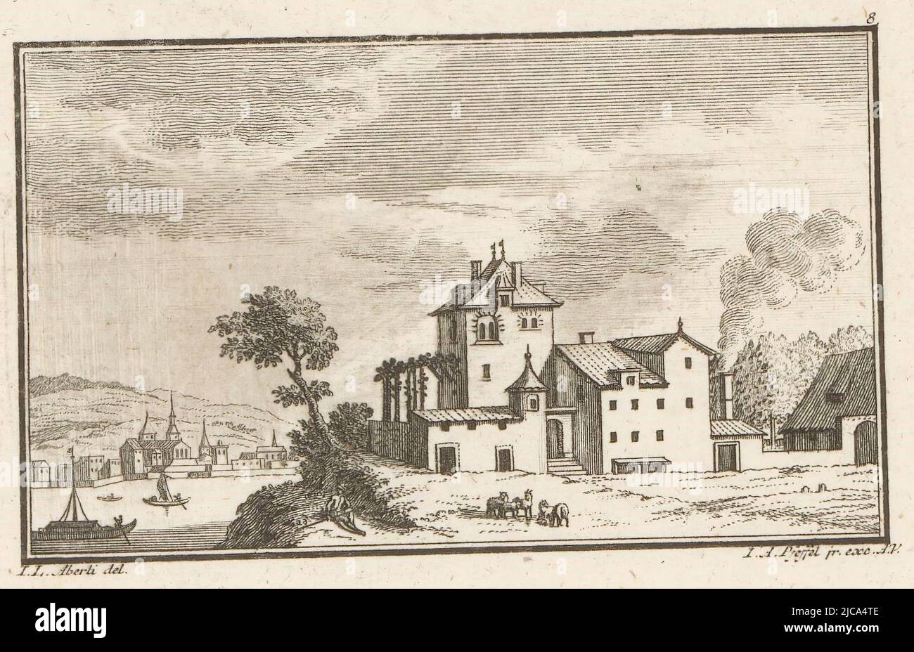 Top right printed number 8, View of a country house, print maker: Johann Andreas Pfeffel (der Jüngere), (mentioned on object), intermediary draughtsman: Johann Ludwig Aberli, (mentioned on object), 1725 - 1768, paper, etching, h 119 mm - w 155 mm Stock Photo