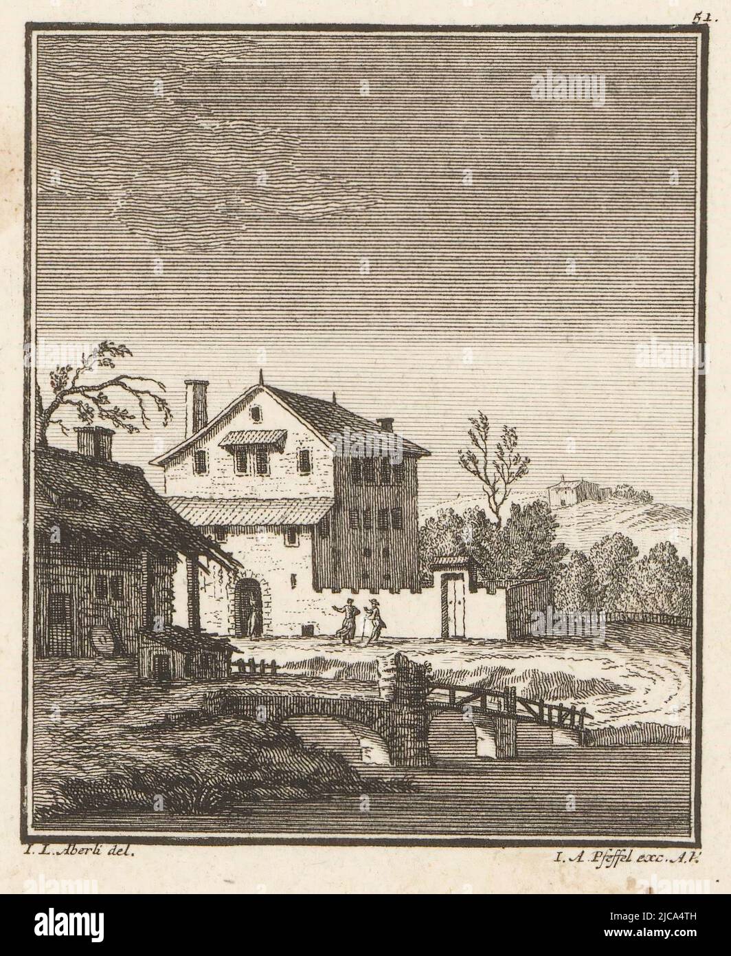 Top right printed number 51, print maker: Johann Andreas Pfeffel (der Jüngere), (mentioned on object), intermediary draughtsman: Johann Ludwig Aberli, (mentioned on object), 1733 - 1786, paper, etching, h 111 mm - w 98 mm Stock Photo