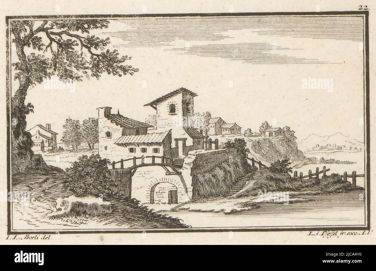 Printed right upper corner number 22, print maker: Johann Andreas Pfeffel (der Jüngere), (mentioned on object), intermediary draughtsman: Johann Ludwig Aberli, (mentioned on object), 1725 - 1768, paper, etching, h 118 mm - w 151 mm Stock Photo