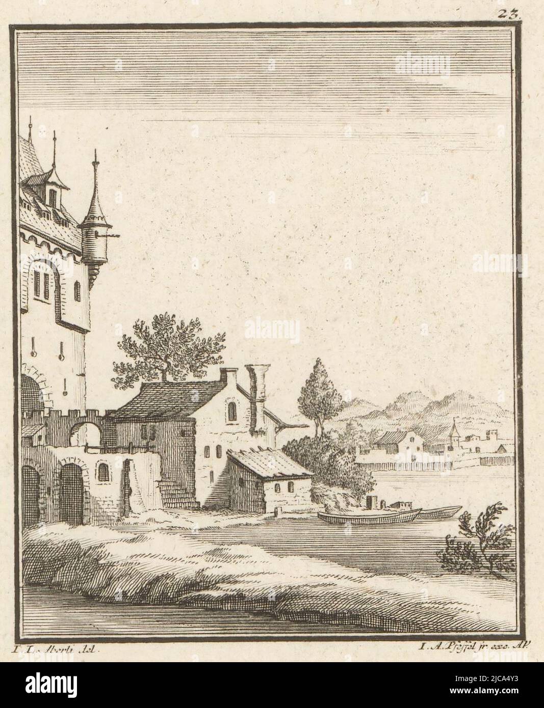 Top right printed number 23, print maker: Johann Andreas Pfeffel (der Jüngere), (mentioned on object), intermediary draughtsman: Johann Ludwig Aberli, (mentioned on object), 1725 - 1768, paper, etching, h 117 mm - w 99 mm Stock Photo