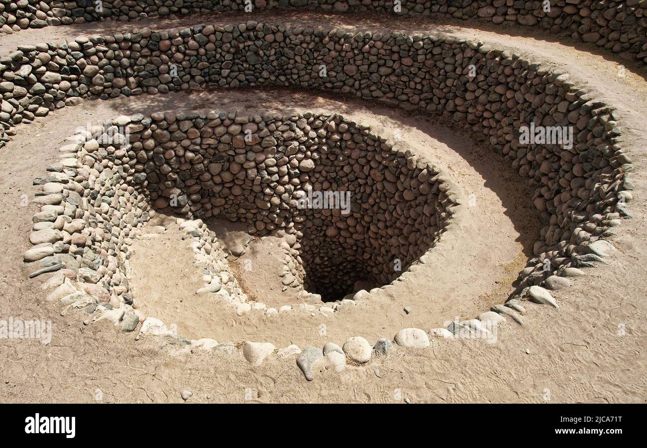 Cantalloc aqueduct in the city of Nazca or Nazca, aqueducts or wells in the shape of a spiral or, Peru, Inca architecture and culture. Stock Photo