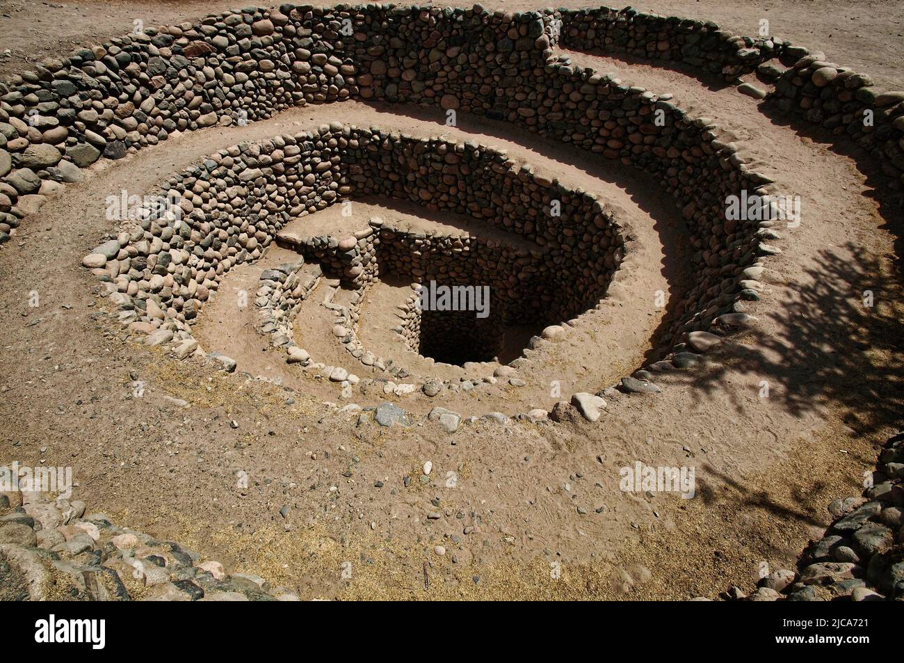 Cantalloc aqueduct in the city of Nazca or Nazca, aqueducts or wells in the shape of a spiral or, Peru, Inca architecture and culture. Stock Photo