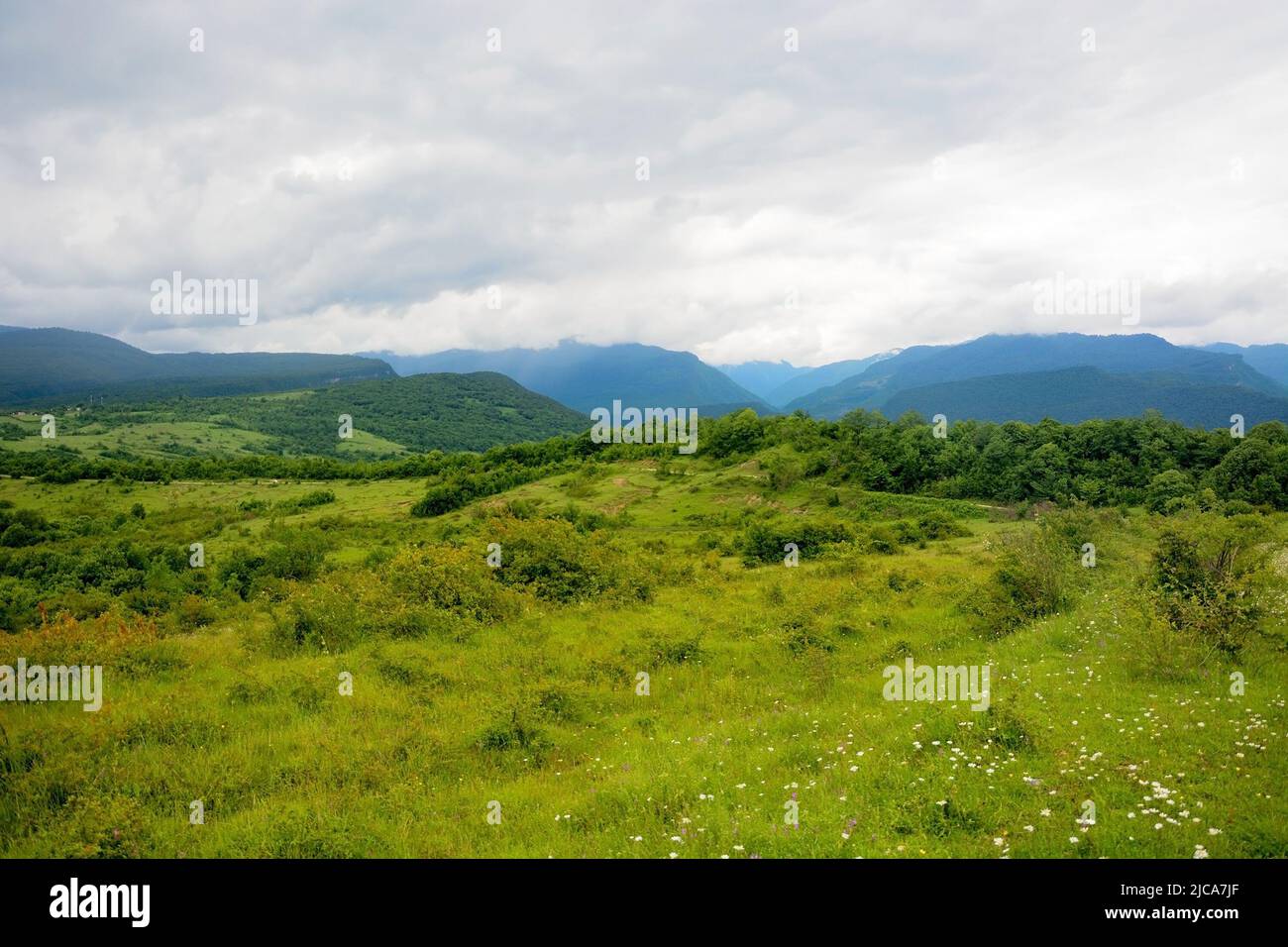 Alpine meadows, foggy mountains at Abkhazia (Kodori Stock Photo