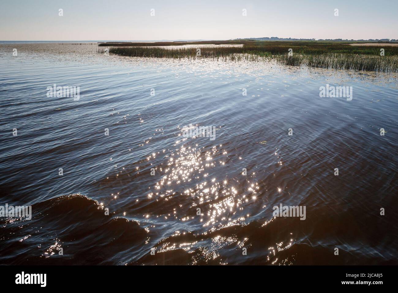 The shallow water of the lagoon glowing in the sun at noon Stock Photo