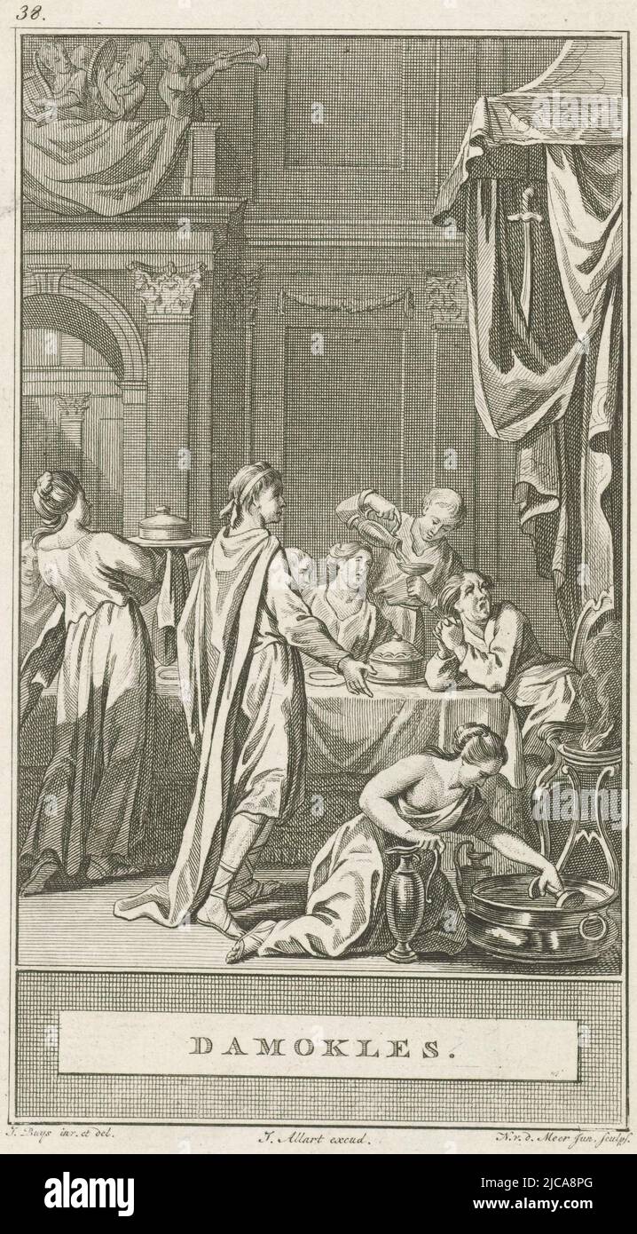 Dionysius has invited Damocles to eat at his table However, a sword on a horsehair hangs over his head, Sword of Damocles Damokles , print maker: Noach van der Meer (II), (mentioned on object), intermediary draughtsman: Jacobus Buys, (mentioned on object), publisher: Johannes Allart, (mentioned on object), Amsterdam, 1777, paper, etching, h 247 mm × w 154 mm Stock Photo