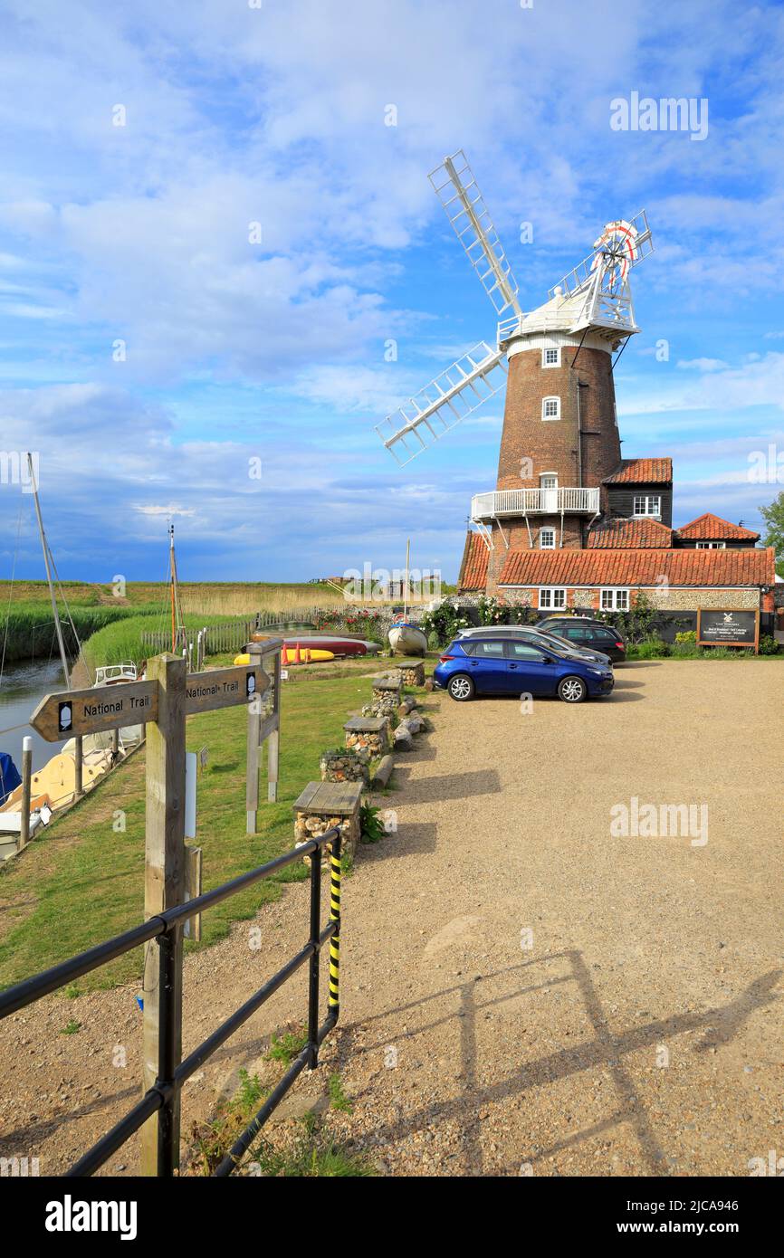 Cley windmill by the River Glaven on the Peddars Way and Norfolk Coast Path, Cley on the Sea, Norfolk, England, UK. Stock Photo