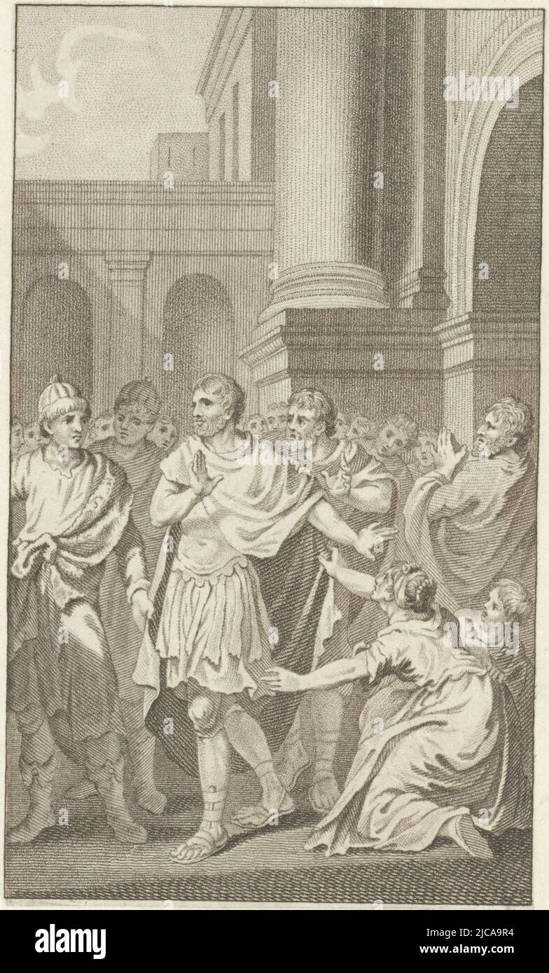 The Roman army commander Regulus, true to his given word, returns to enemy Carthage after advising the Roman Senate not to negotiate with the Carthaginians There a martyrdom will await him, Marcus Atilius Regulus departs from Rome Regulus true to his oath , print maker: Ludwig Gottlieb Portman, intermediary draughtsman: Jacobus Buys, Amsterdam, 1794, paper, etching, h 213 mm × w 122 mm Stock Photo