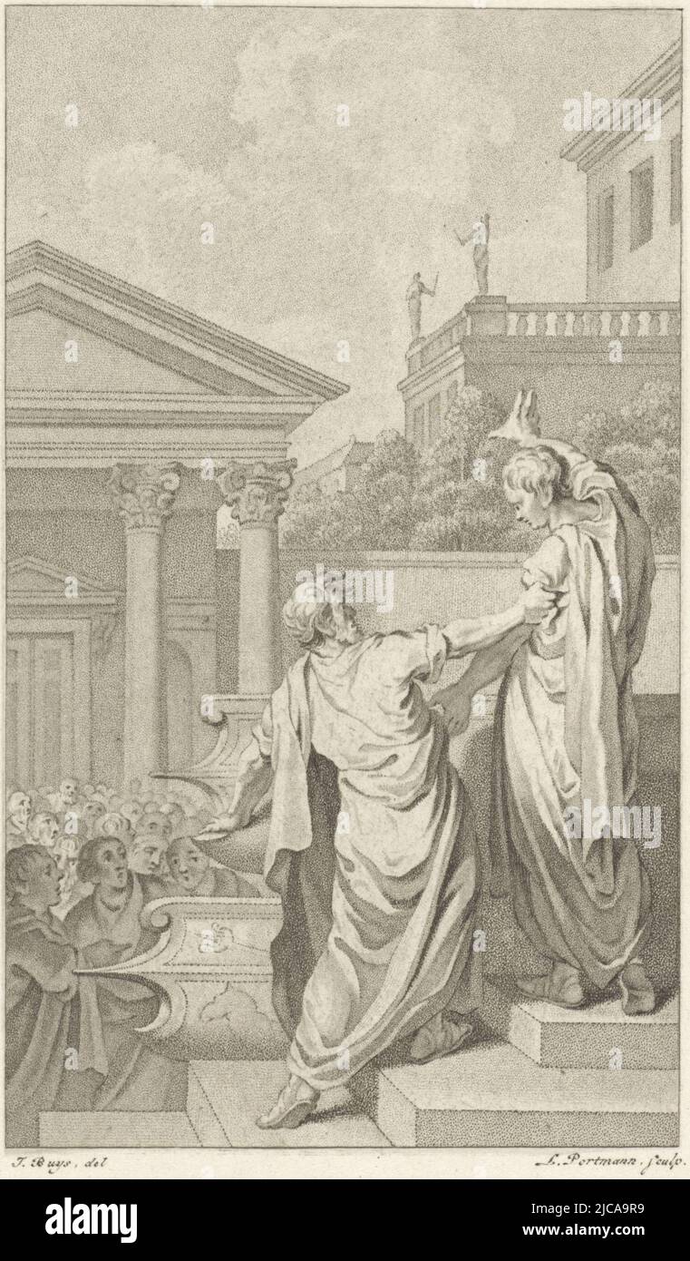 The Roman statesman Gaius Flaminius Nepos addresses the people His father, however, pulls him away from the elevation, Flaminius is carried off by his father Abuse of paternal authority , print maker: Ludwig Gottlieb Portman, (mentioned on object), intermediary draughtsman: Jacobus Buys, (mentioned on object), Amsterdam, 1795, paper, h 212 mm × w 120 mm Stock Photo