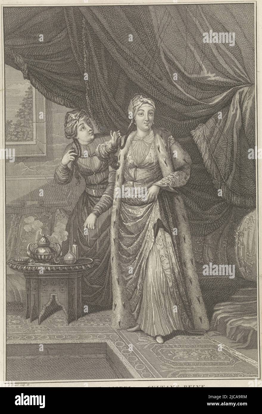 A Turkish woman and her maid, in traditional dress The room they are in is lined with carpets The maid points the woman to a table on which is a traditional teapot, Portrait of a Turkish Woman La Sultane Asseki, ou Sultane Reine , print maker: Bernard Picart, (mentioned on object), Bernard Picart, (mentioned on object), Gérard Jean Baptiste Scotin (I), (possibly), Paris, 1683 - 1733, paper, etching, engraving, h 325 mm × w 215 mm Stock Photo