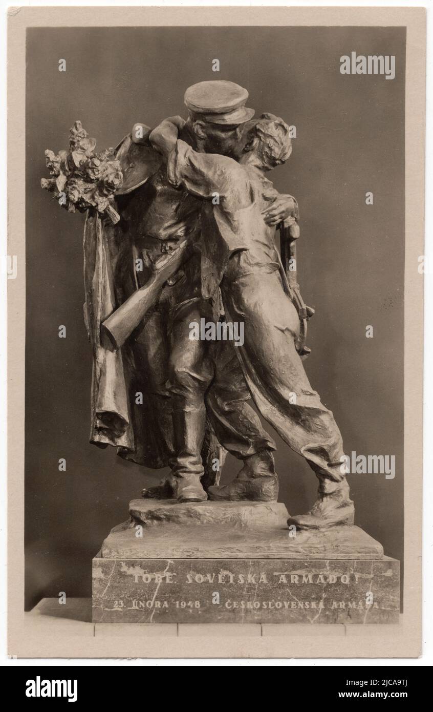 Scale model of the monument 'Fraternization' ('Sbratření') by Czech sculptor Karel Pokorný (1948-1950) depicted in the Czechoslovak vintage postcard issued in 1950. The controversial homoerotic statue depicts as the Czechoslovak man passionately kissing the Red Army soldier in May 1945. The original statue is installed in the town of Česká Třebová in the Czech Republic and the copy is installed in the Vrchlického Gardens in Prague, Czech Republic. Text in Czech means: To you, the Soviet Army! 23rd February 1948. Czechoslovak Army. Courtesy of the Azoor Postcard Collection. Stock Photo