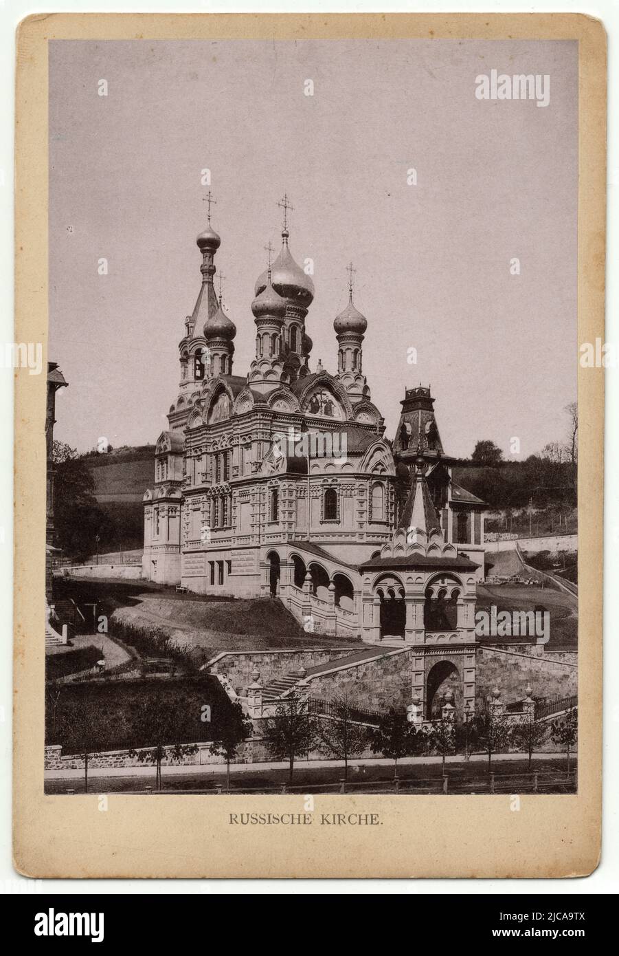 Russian Church in Karlsbad, Austria-Hungary, now Karlovy Vary in the Czech Republic, depicted in the black and white vintage photograph dated from the beginning of the 20th century. The Orthodox Church of Saint Peter and Paul was built between 1893 and 1897. Courtesy of the Azoor Photo Collection. Stock Photo