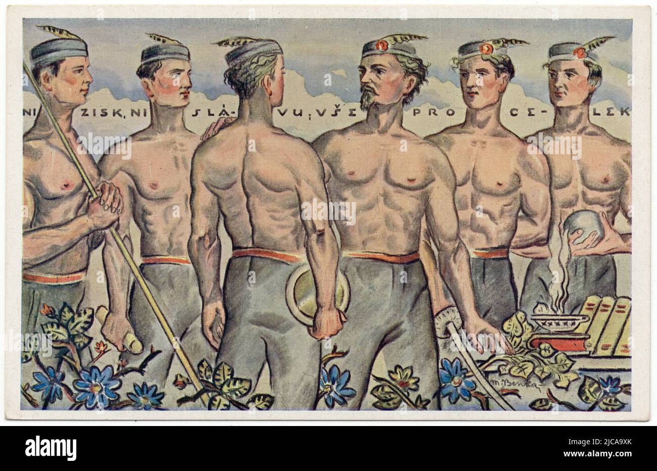 Muscular shirtless athletes depicted by Slovak artist Martin Benka published in the Czechoslovak vintage postcard issued in occasion of the 9th Sokol mass gymnastics festival (IX. všesokolský slet) in 1932. The bearded man depicted in the centre is Czech sports organizer Miroslav Tyrš, known as the founder of the Sokol movement. The 9th Sokol mass gymnastics festival was dedicated to the 100th anniversary of Miroslav Tyrš. Courtesy of the Azoor Postcard Collection. Stock Photo