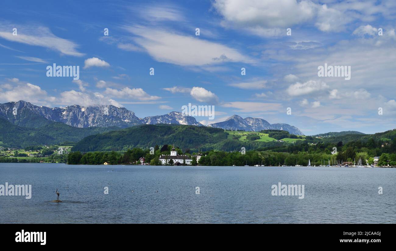 Schloss Ort with alpine background in Austria Stock Photo