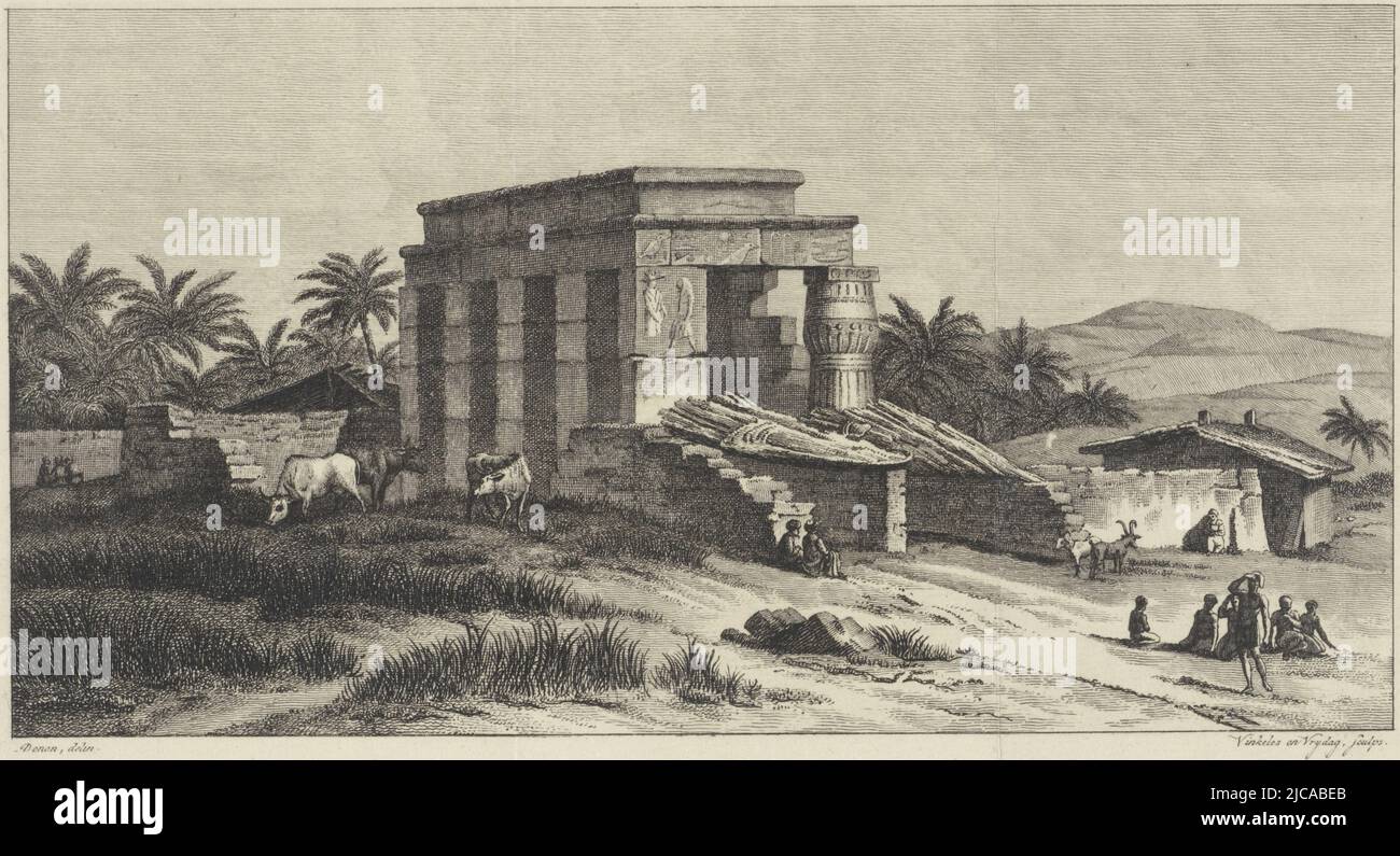 Temple on the island of Elephantine in the River Nile, located in southern Egypt Top right: PlXXVI, Temple on the island of Elephantine in Egypt Building remains of a temple at Elephantine , print maker: Reinier Vinkeles (I), (mentioned on object), print maker: Daniël Vrijdag, (mentioned on object), intermediary draughtsman: Dominique Vivant Denon (baron), (mentioned on object), Amsterdam, 1803 - 1805, paper, etching, h 185 mm × w 263 mm Stock Photo