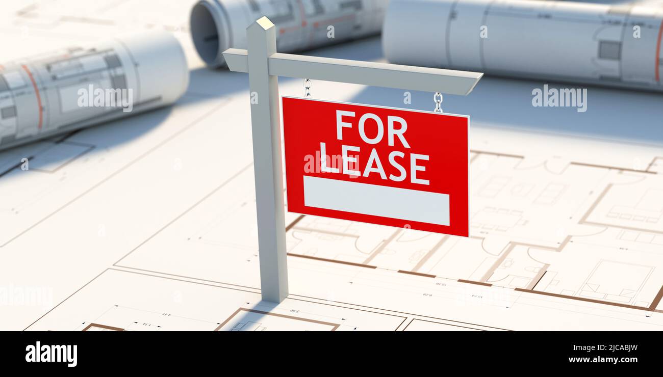 For lease sign on building drawings background. Real estate, new office