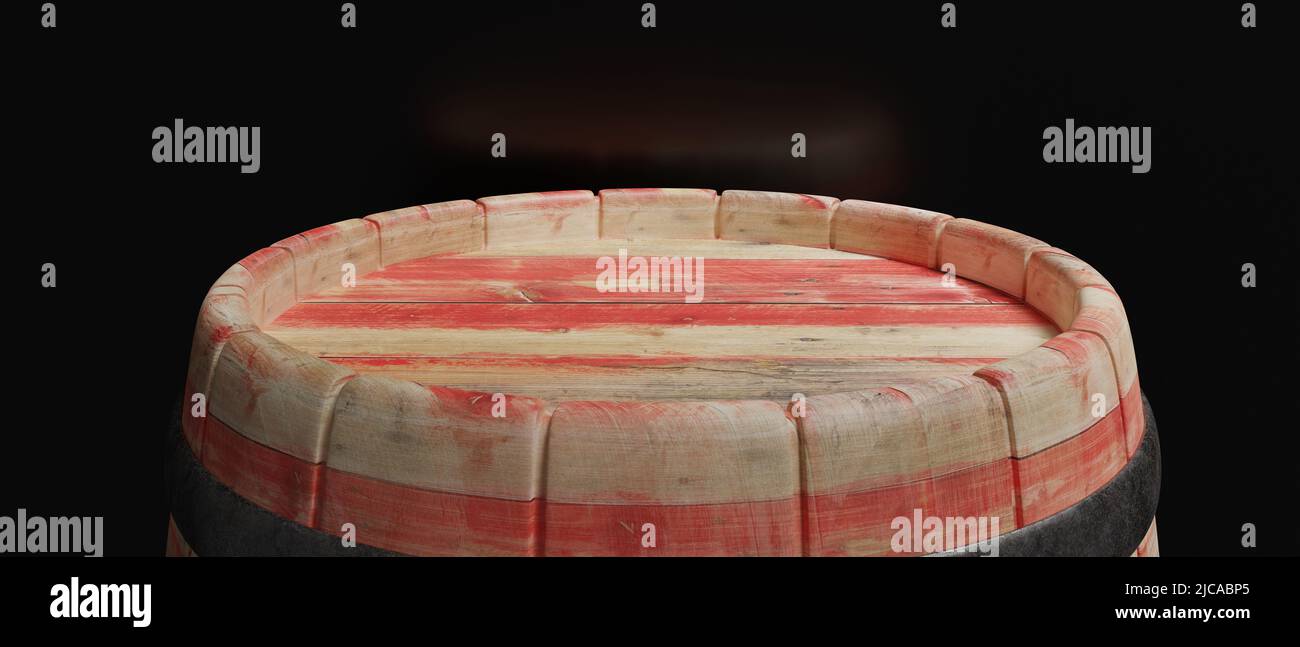 Winemaking, wine storage. Old wooden bourbon barrel, dark wine cellar background, closeup view, 3d render Stock Photo