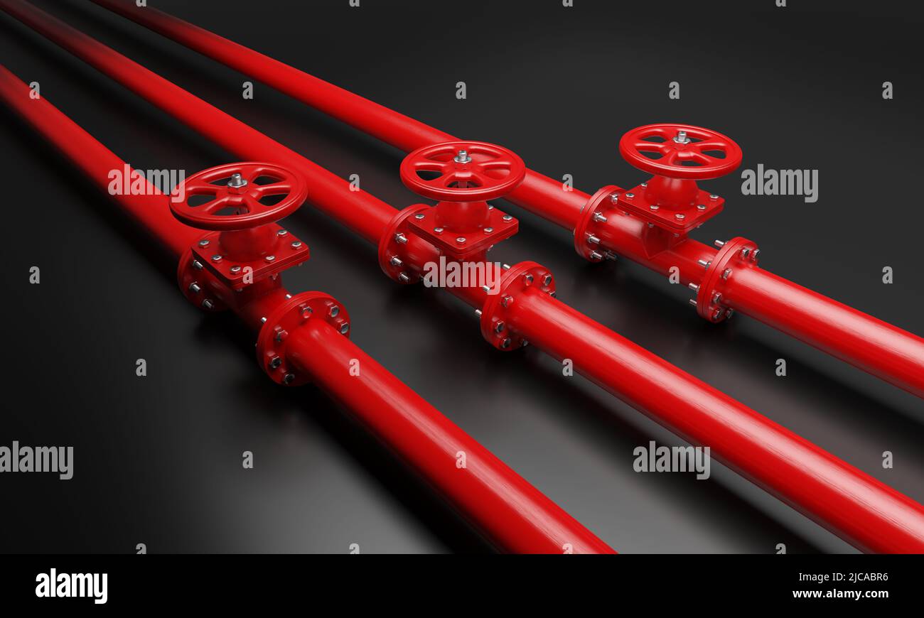 Pipe Red Line Red pipe lines and valve with wheel on black background. Industrial ...