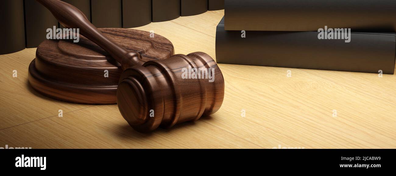 Law school, lawyer office. Legal books and judge gavel on wooden desk