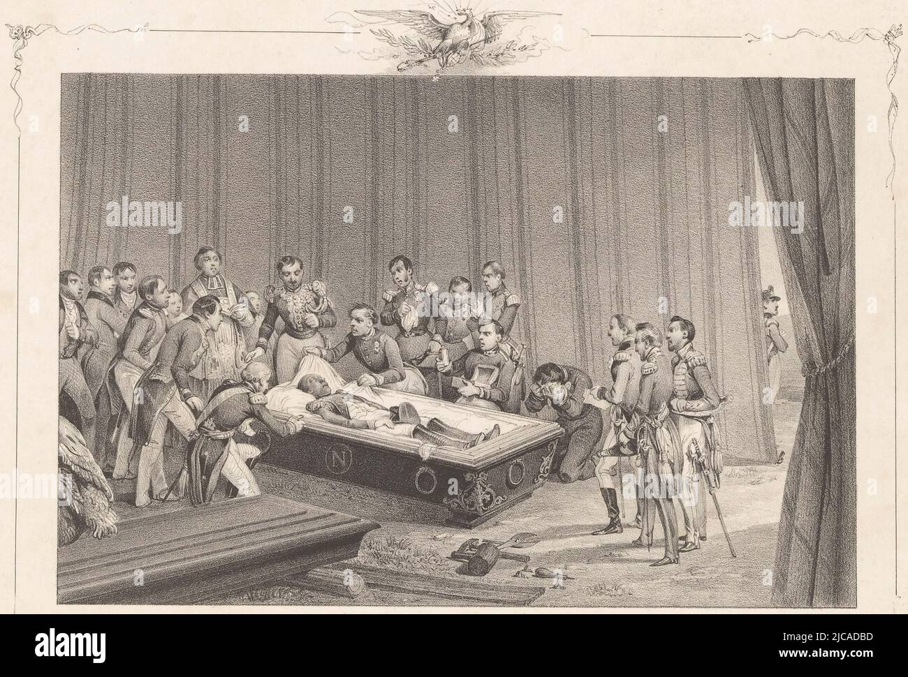 A French delegation opens Napoleon's coffin on the island of St Helena, before returning his remains to France, Napoleon's coffin is opened on St Helena Ouverture du cercueil de Napol, Victor Adam, (mentioned on object), print maker: Jean Baptiste Arnout, (mentioned on object), printer: Benard Lemercier & Cie, Paris, 1840 - 1841, paper, h 221 mm - w 308 mm Stock Photo