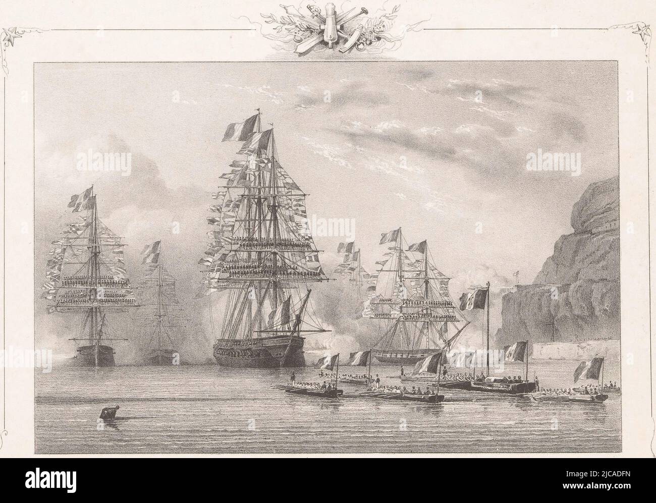 In the harbor of St Helena, Napoleon's body is carried in a coffin on a sloop to the frigate 'Belle Poule', which will bring it back to France, Napoleon's body is embarked in the port of St Helena Embarquement du corps de Napol, Victor Adam, (mentioned on object), print maker: Jean Baptiste Arnout, (mentioned on object), printer: Benard & Cie. Lemercier, (mentioned on object), Paris, 1840 - 1841, paper, h 223 mm - w 308 mm Stock Photo