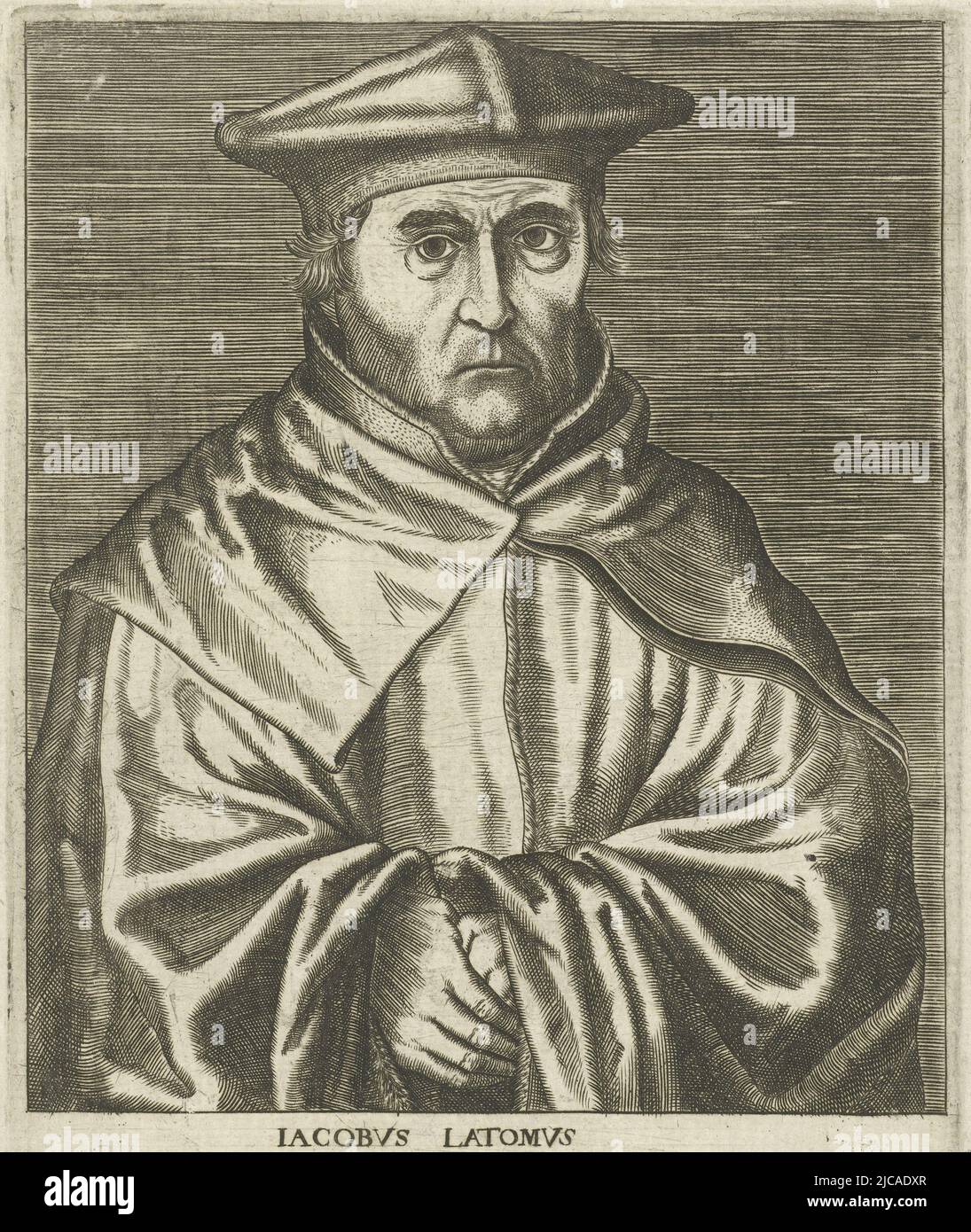 Portrait of Jacobus Latomus, professor of theology at the University of Leuven Numbered C2 The print has a Latin caption and is part of a series of famous European scholars, Portrait of Jacobus Latomus Iacobvs Latomvs  Portraits of famous European scholars  Virorum doctorum de disciplinis benemerentium effigies , print maker: Philips Galle, Benedictus Arias Montanus, publisher: Philips Galle, Antwerp, 1572, paper, engraving, w 123 mm × h 178 mm Stock Photo