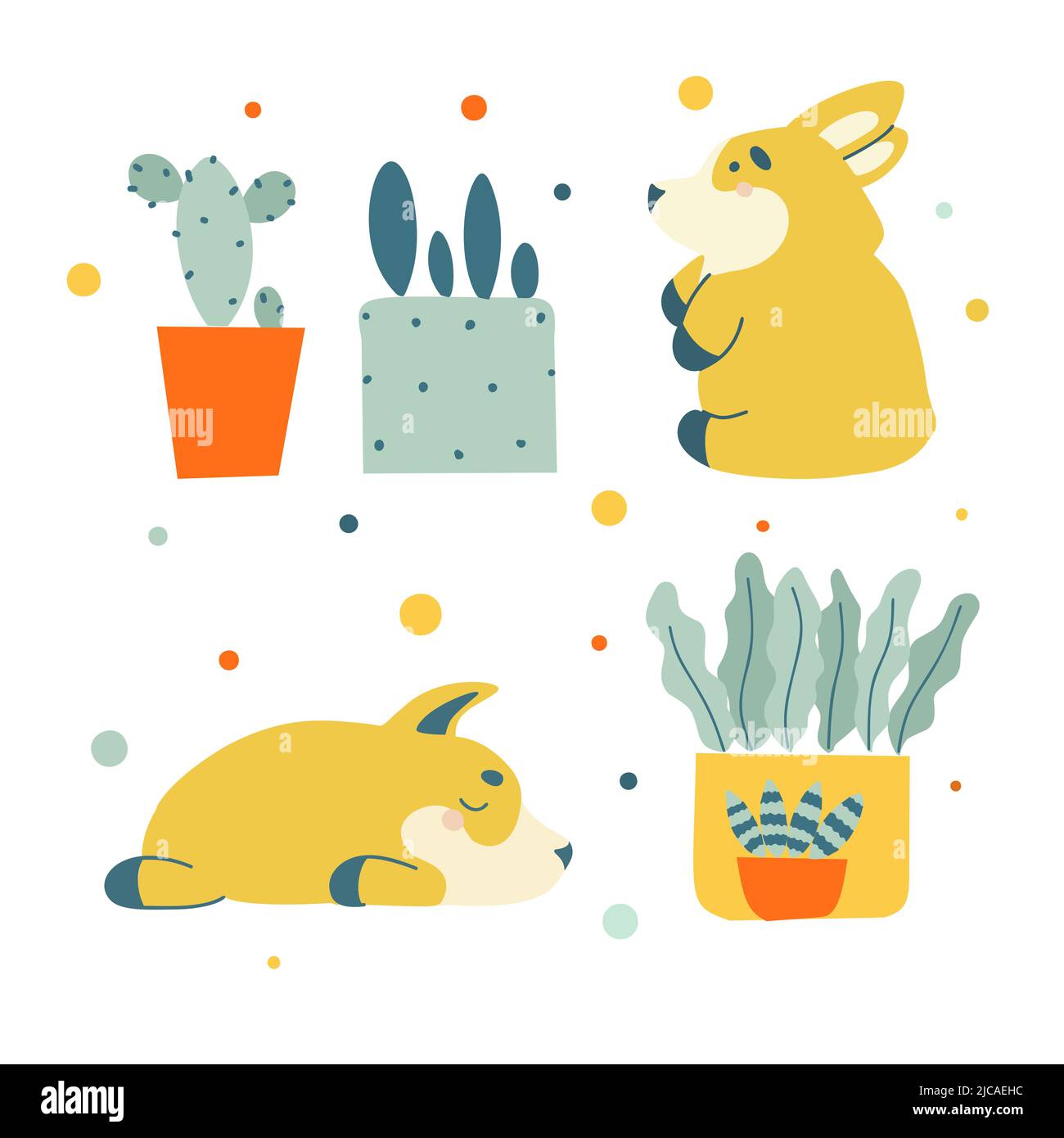 Flat set with happy small dog corgi, green cactuses. Stock Vector