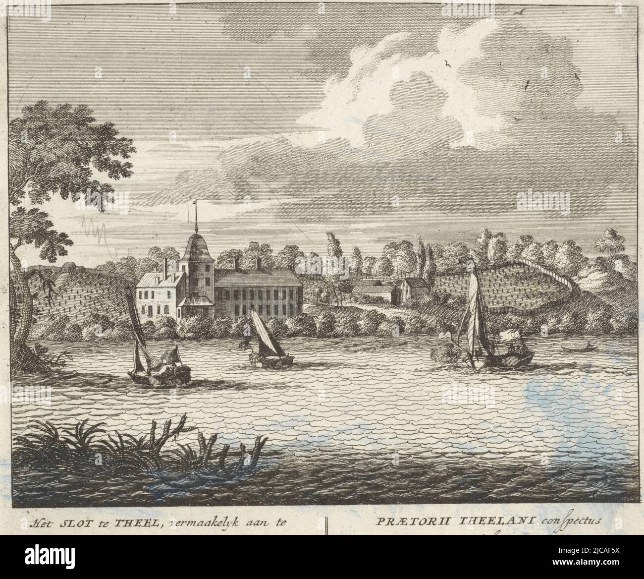 View of a castle on the River Theel The castle at Theel, seen from the waterfront  Views around Kleve and Berlin , print maker: anonymous, publisher: Pieter Schenk (I), (mentioned on object), unknown, (mentioned on object), 1675 - 1711, paper, etching, h 168 mm × w 190 mm Stock Photo