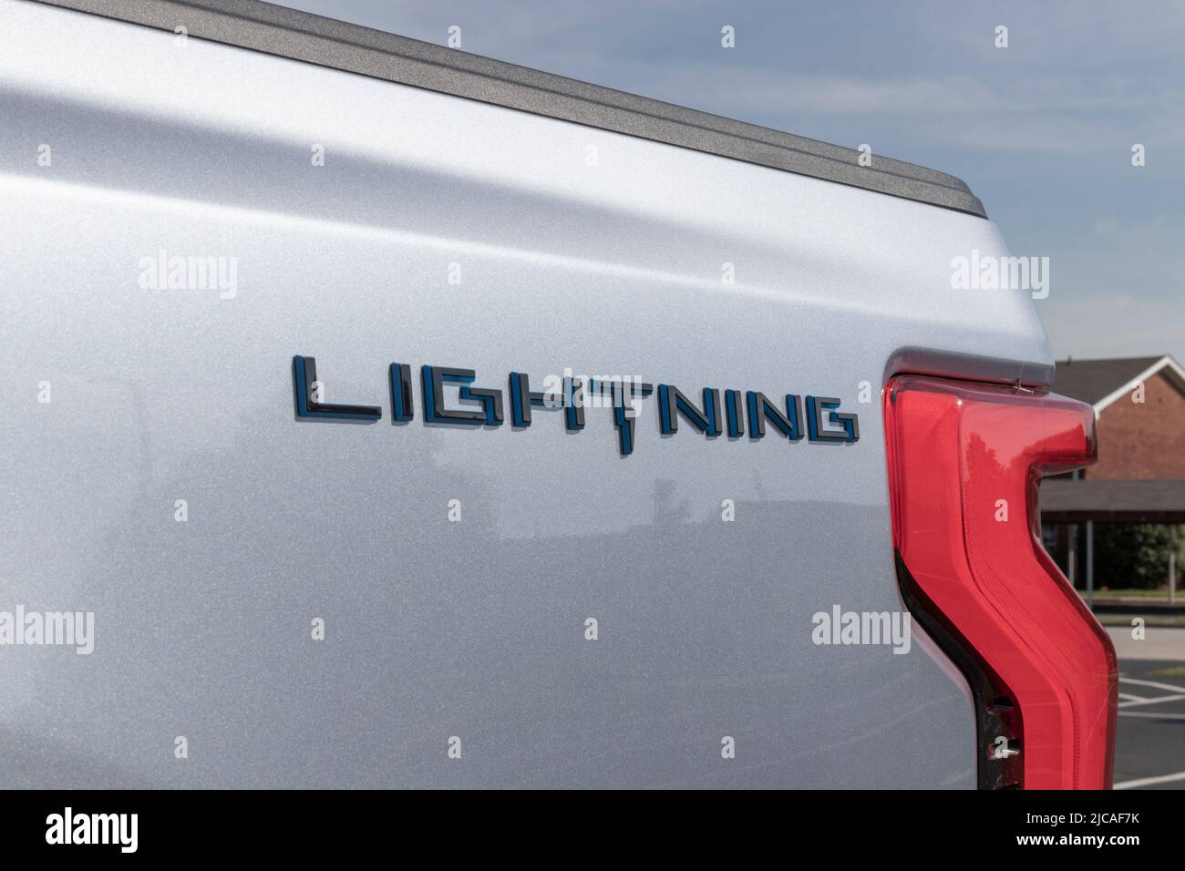Kokomo - Circa June 2022: Ford F-150 Lightning display. Ford offers the F150 Lightning all-electric truck in Pro, XLT, Lariat, and Platinum models. Stock Photo