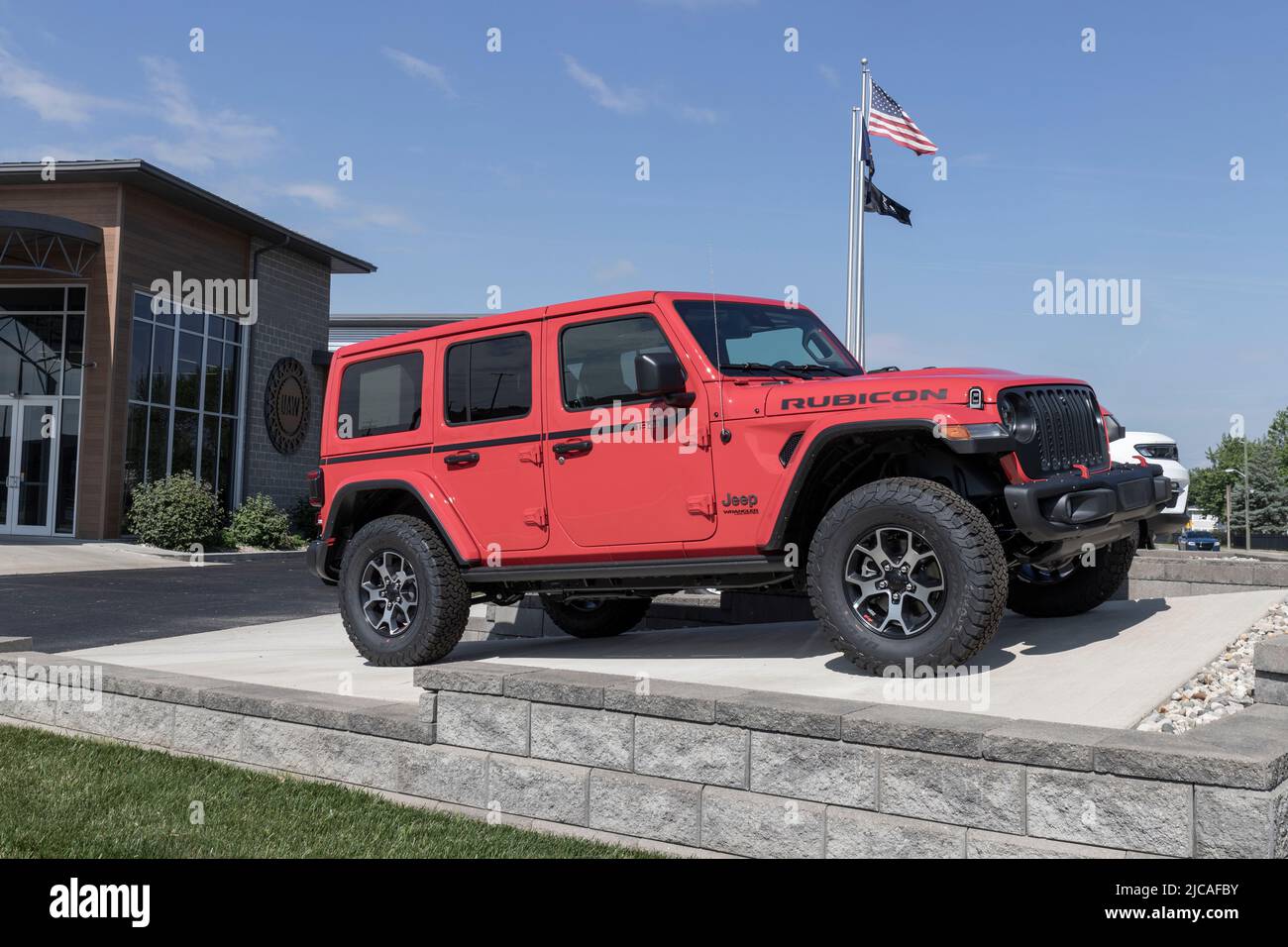 Kokomo - Circa June 2022: Jeep Wrangler display at a UAW Local. The UAW represents workers from Jeep, Chrysler, Dodge and Stellantis factories. Stock Photo