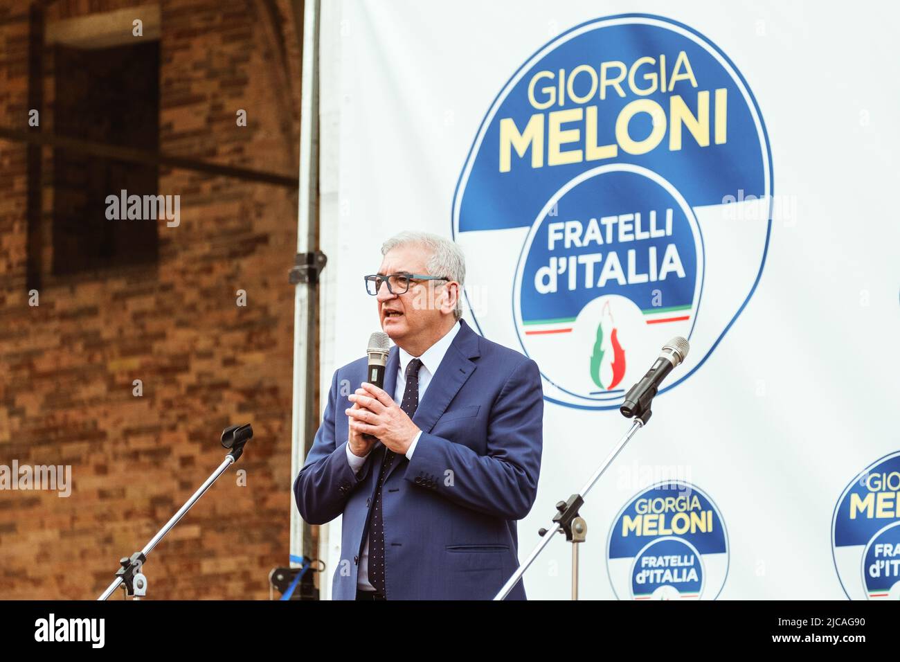Piacenza, Italy, May 31, 2022. Tommaso Foti, deputy of the Fratelli d'Italia party, speaks during the rally for the mayoral elections of Piacenza. Stock Photo