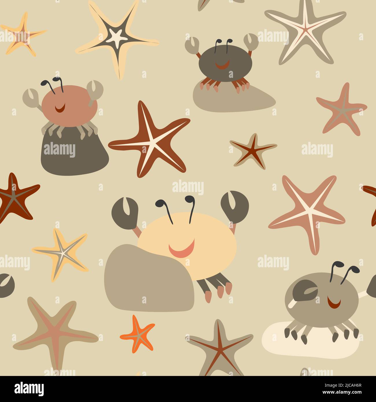 multicolored starfish and crabs seamless pattern without background Stock Vector