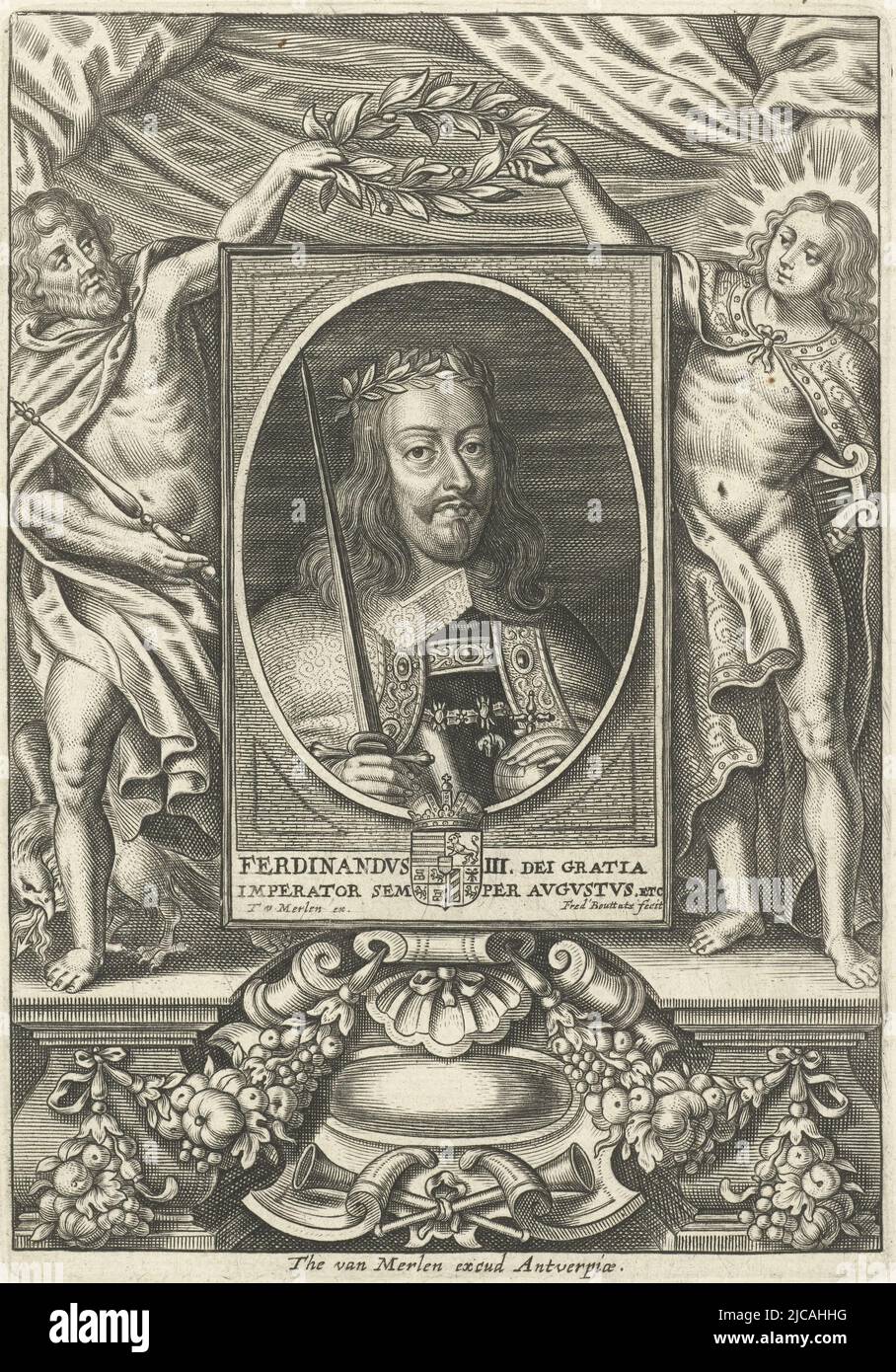 Portrait in an oval frame of Ferdinand III, Archduke of Austria and Emperor of the Holy Roman Empire Bust to right Ferdinand wears the laurel wreath on his head In his hands the Reich's apple and the Reich's sword The portrait is in a rectangular frame between two classical gods, Jupiter and Apollo They hold a laurel wreath above the portrait The print has a Latin caption with the name of the person portrayed, Portrait of Ferdinand III Portraits of Statesmen , print maker: Frederik Bouttats (I), (mentioned on object), publisher: Theodor van Merlen (II), (mentioned on object), Antwerp, 1637 Stock Photo