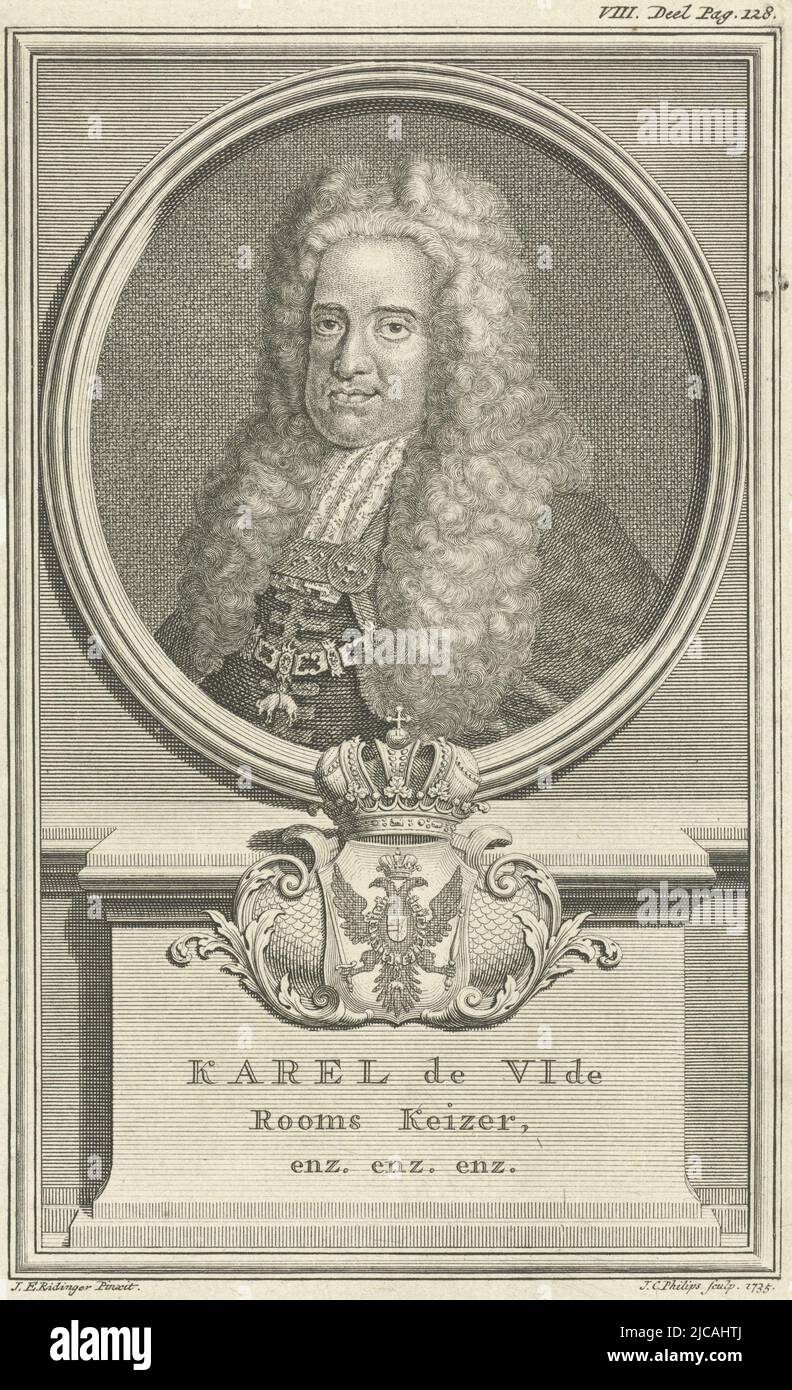 Portrait of Charles VI, emperor of the Holy Roman Empire He wears a chain bearing the Order of the Golden Fleece On a pied piper his coat of arms, Portrait of Charles VI, print maker: Jan Caspar Philips, (mentioned on object), after: Johann Elias Ridinger, (mentioned on object), Amsterdam, 1735, paper, engraving, h 170 mm × w 105 mm Stock Photo