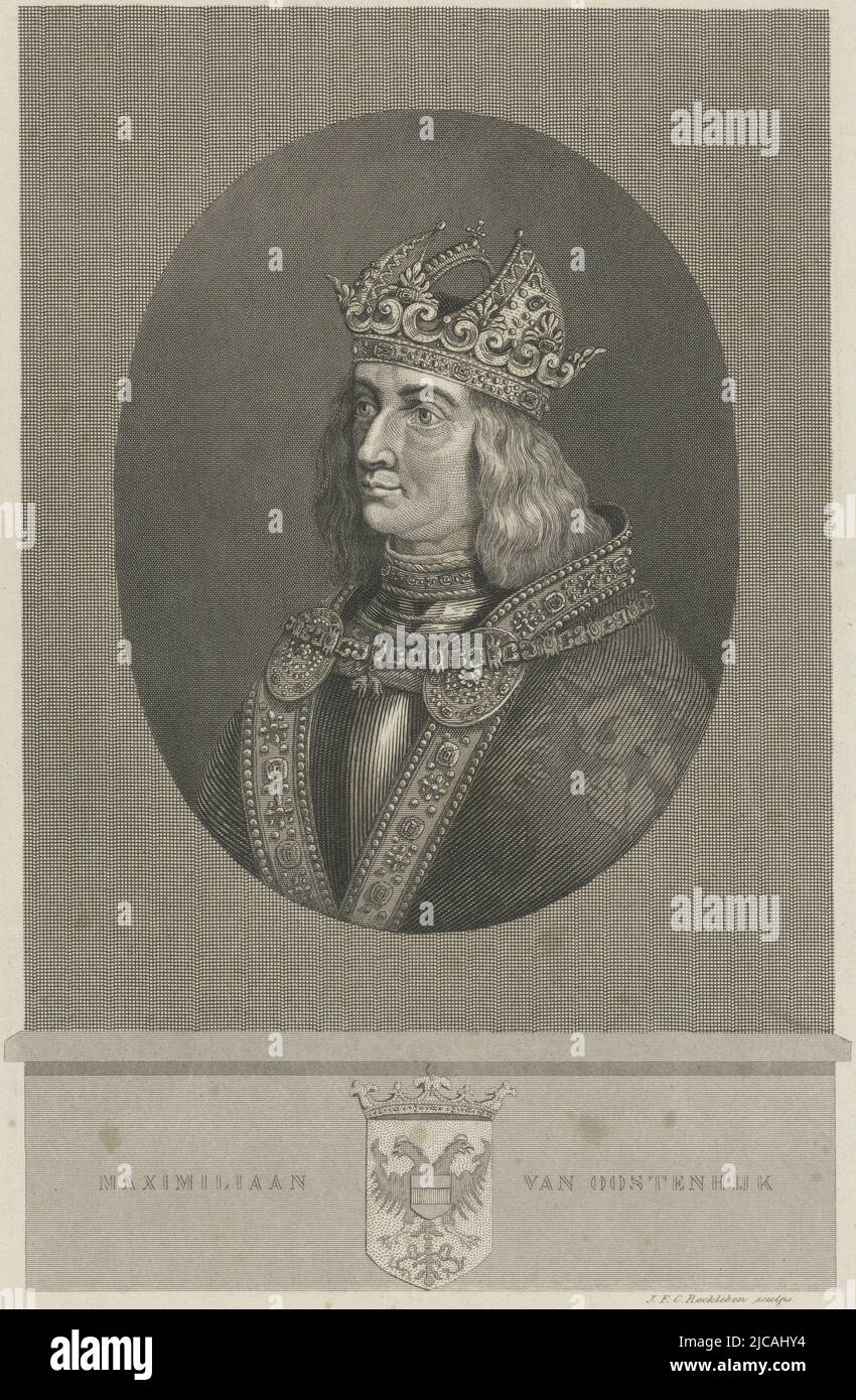 Portrait of Maximilian I of Habsburg, Roman-German emperor Around the neck the chain of the Golden Fleece In the margin his name and family crest, Portrait of Maximilian I of Austria, print maker: Jan Frederik Christiaan Reckleben, (mentioned on object), Amsterdam, 1847 - 1849, paper, steel engraving, h 254 mm × w 166 mm Stock Photo