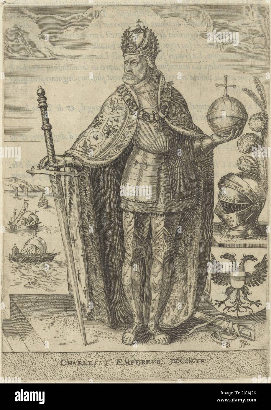 Portrait of Emperor Charles V, wearing crown and richly embroidered, fur-lined cloak In one hand he holds a large sword, in the other an imperial apple He is standing next to a pedestal, on which lies the helmet of his armor The pedestal is decorated with his coat of arms The background offers a view of the sea, with ships and a dolphin Above the print in letterpress 'Le trentdeuxiesme conte de Flandre' and indication of page number 117 and hangman's signature Q2, Portrait of Charles V of Habsburg, German Emperor, King of Spain Charles, 5th Empereur, 32nd Comte , print maker: unknown Stock Photo