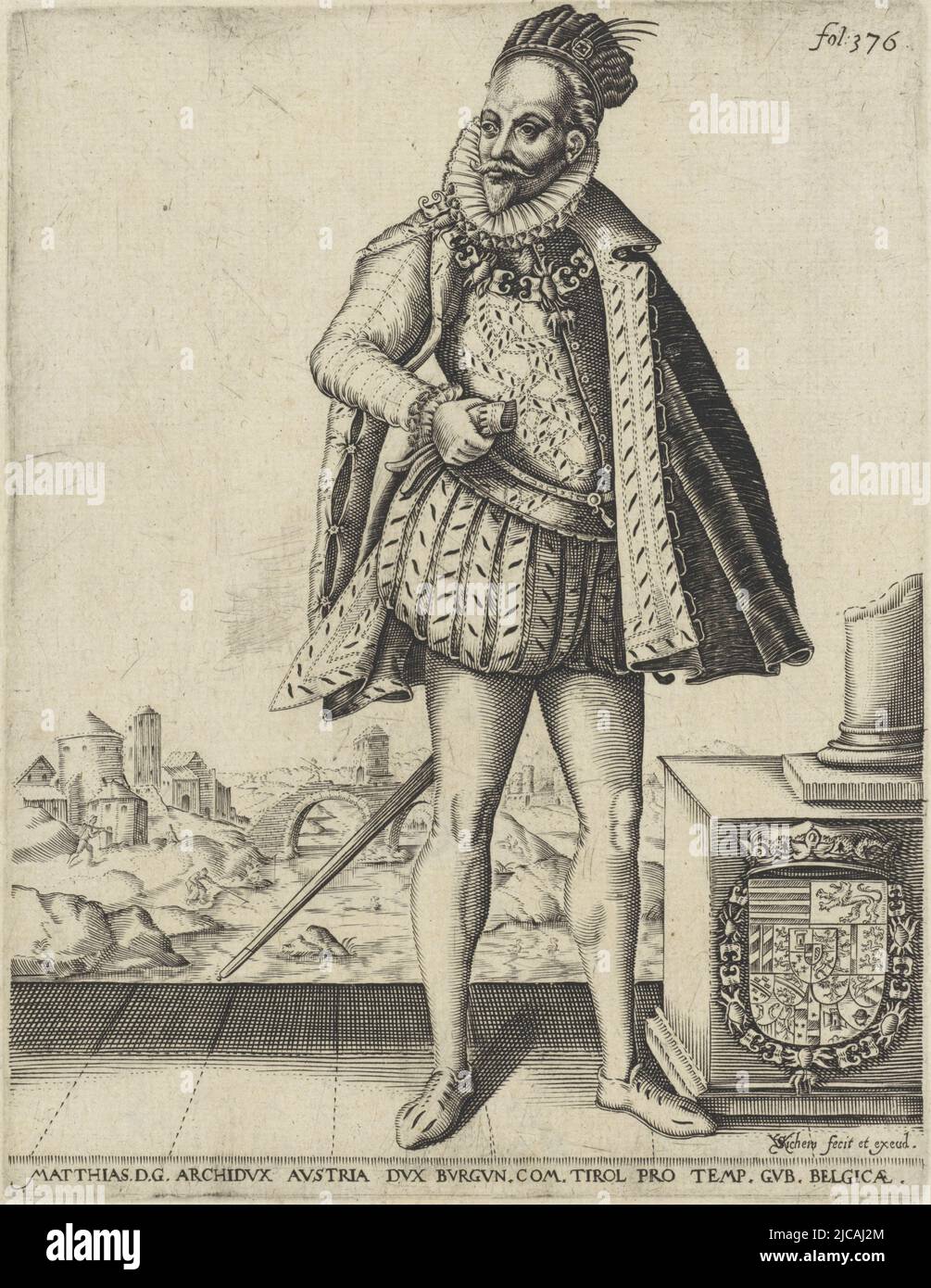 Portrait of Matthias of Austria, later Roman-German emperor, in his role as governor of the Netherlands He wears a short cloak and holds his gloves in his hand Below the print in Latin his name and function He is standing next to a pied piper with his coat of arms on it In the background a town on a river Top right is the folio designation 'fol: 376', Portrait of Matthias of Austria, print maker: Karel van Sichem, (mentioned on object), Christoffel van Sichem (I), publisher: Karel van Sichem, (mentioned on object), Amsterdam, (possibly), in or before 1611, paper, engraving, h 188 mm × w 144 mm Stock Photo