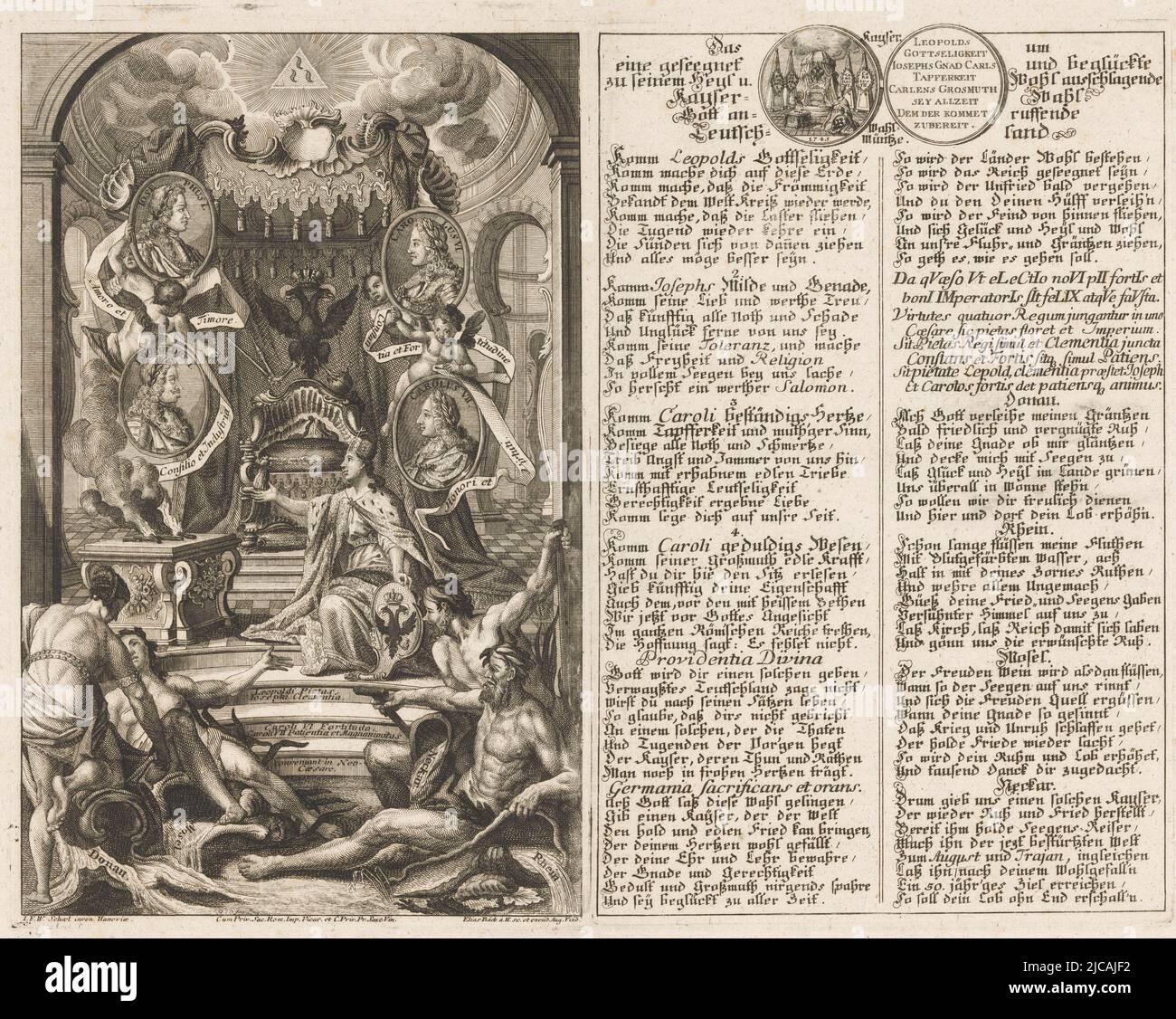 In front of a throne under a canopy, the personification of the emperorship kneels before an altar In her left hand she holds the coat of arms of the Habsburgs Beside the throne the portraits of the emperors Leopold I, Joseph I, Charles VI and Charles VII Below four river gods depicting the Danube, Moselle, Neckar and Rhine rivers At right, a poem of praise in German and Latin with obverse and reverse of a coin, possibly minted to mark the election of Francis I Stefan as Emperor of the Holy Roman Empire, Allegory of the Roman-German Emperorship, print maker: Elias Baeck, (mentioned on object Stock Photo