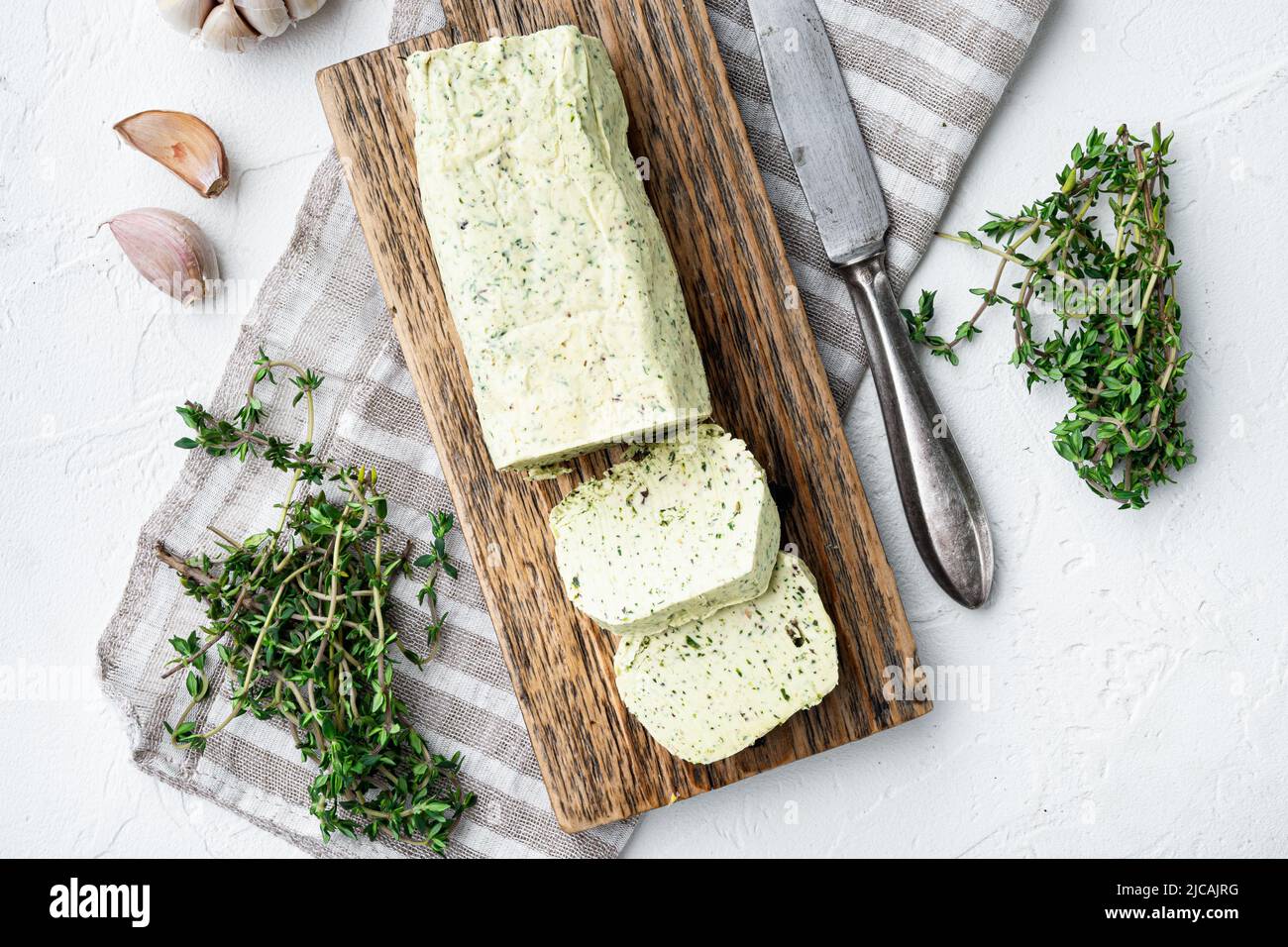 Homemade Organic Herb Butter with Rosemary Thyme and garlic set, on