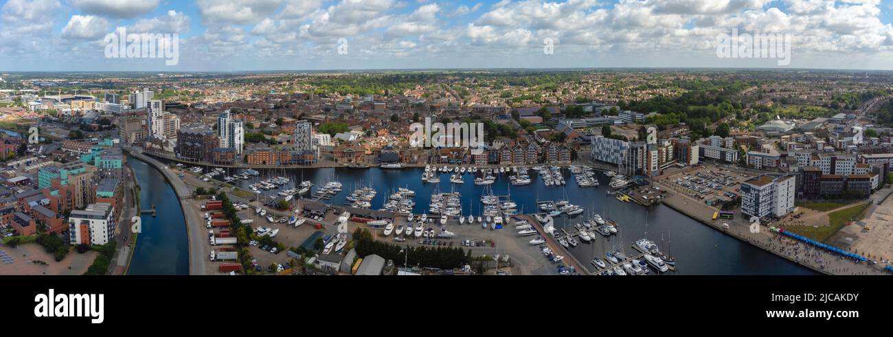 An aerial photo of the Wet Dock in Ipswich, Suffolk, UK Stock Photo