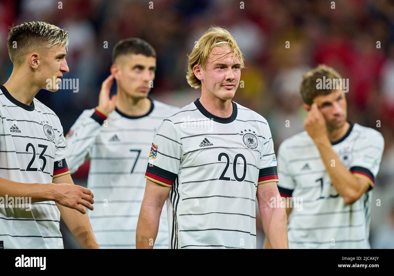 DFB team frustrated with Julian Brandt, DFB 20 Nico Schlotterbeck, DFB 23 Kai Havertz, DFB 7 Thomas Müller, DFB 13  in the UEFA Nations League 2022 match HUNGARY - GERMANY   in Season 2022/2023 on Juni 11, 2022  in Budapest, Hungary.  © Peter Schatz / Alamy Live News Stock Photo