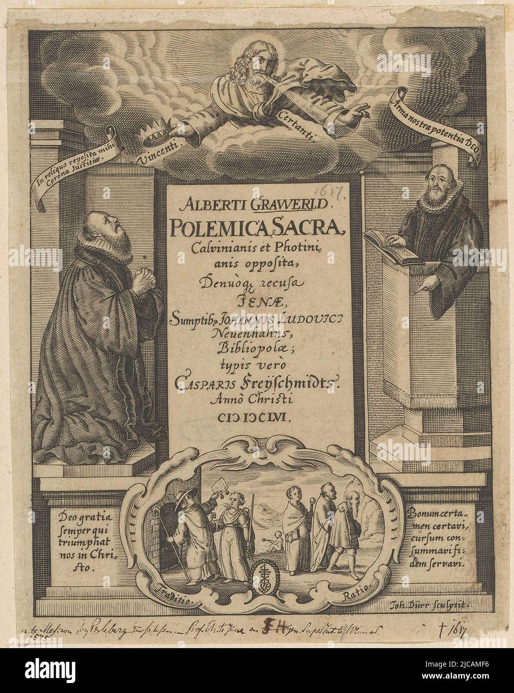 Allegory of the Good Faith and Against the Trade in Indulgences Title page for: Albert Gawer, Polemica sacra, Calvinianis et Photinianis opposita, denuoque recusa, 1656 , print maker: Johann Dürr, (mentioned on object), publisher: Johann Ludwig Neuenhahn, (mentioned on object), print maker: Germany, publisher: Jena, 1656, paper, engraving, h 175 mm - w 135 mm Stock Photo