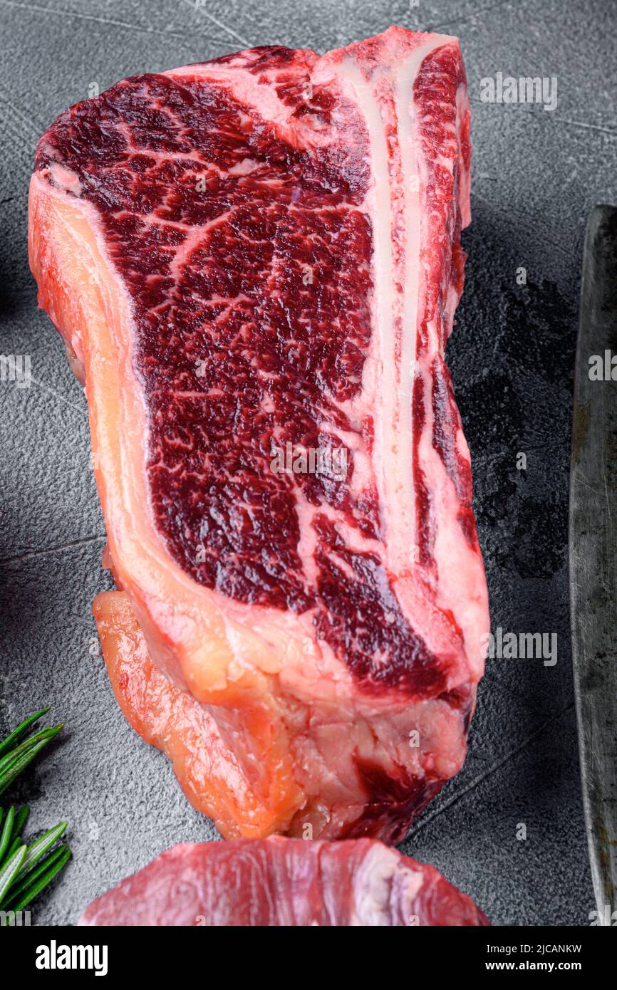 Club steak raw marbled beef meat, on gray stone background Stock Photo ...