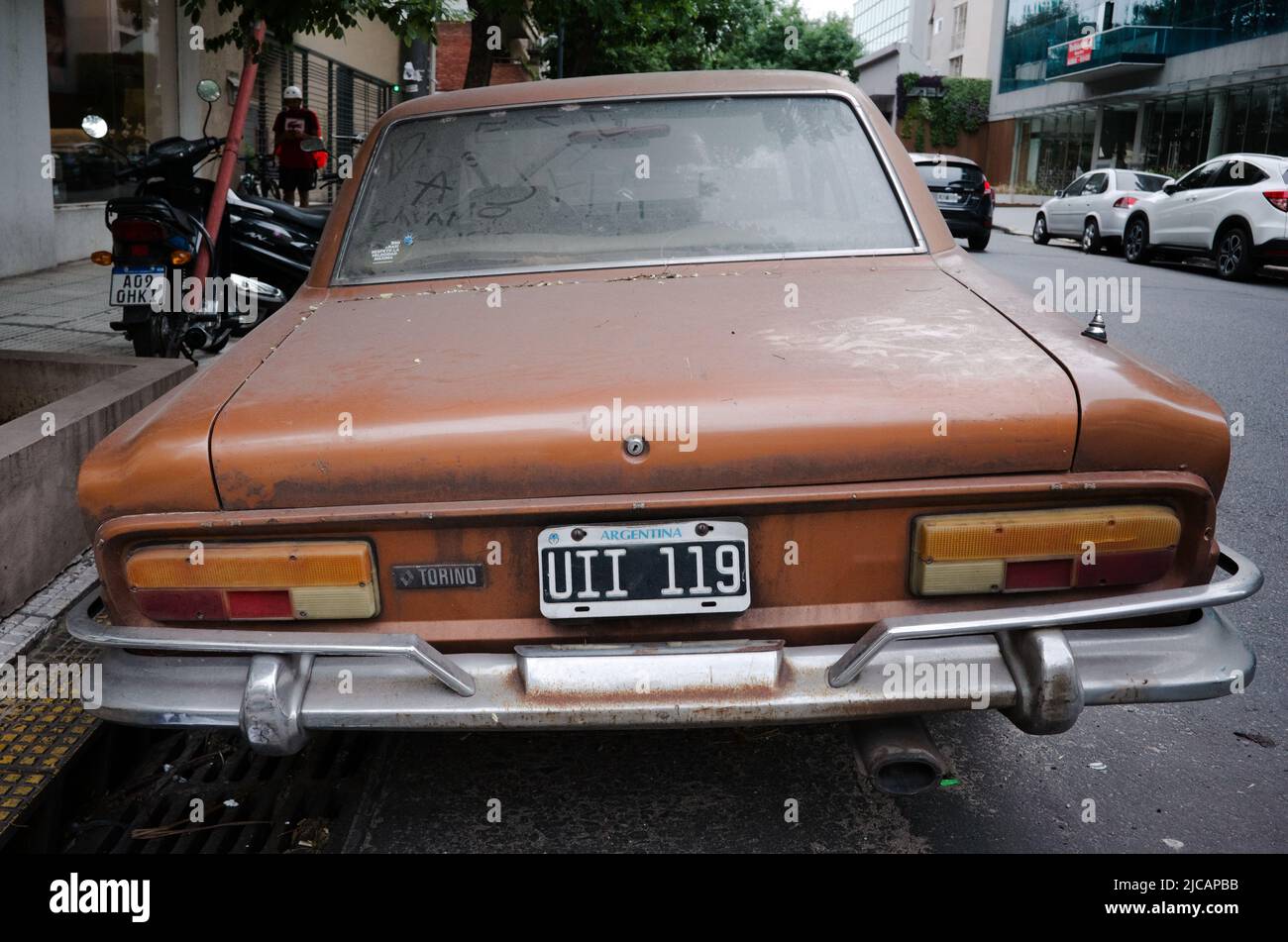 Buenos Aires, Argentina - January, 2020: Rear view of old 80s Renault Torino car in classic brown color. Trunk and rusty bumper of vintage car Stock Photo