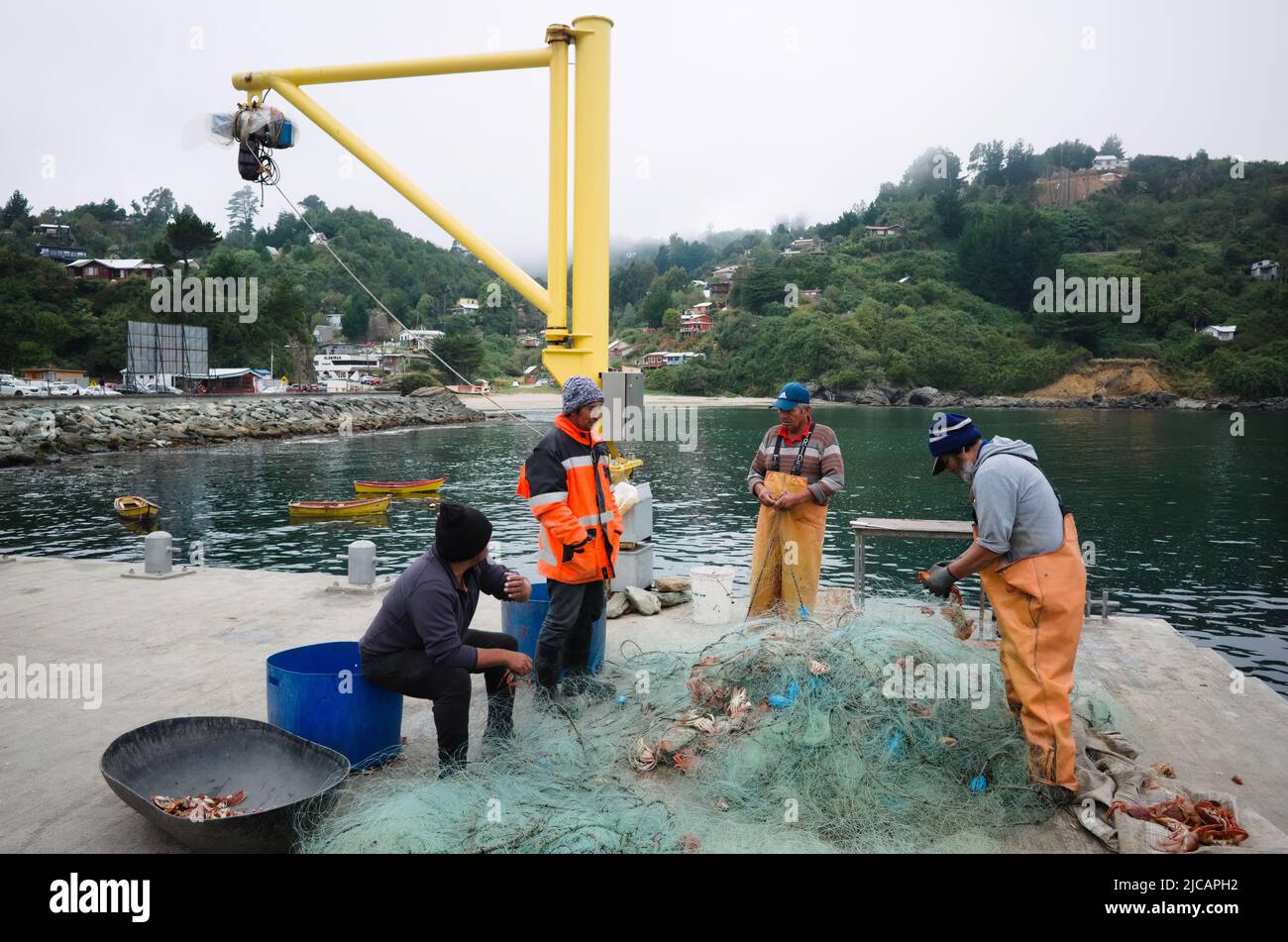 Bahia Mansa, Chile - February, 2020: Fishermen take out catch from fishing net on pier in ocean bay surrounded by green hills. Fishermen in waterproof Stock Photo