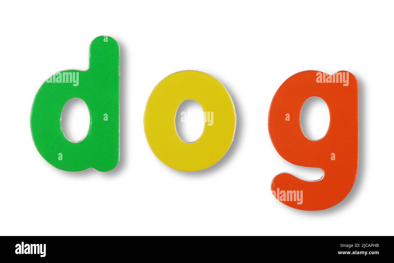 Dog coloured magnetic letters on white with clipping path Stock Photo