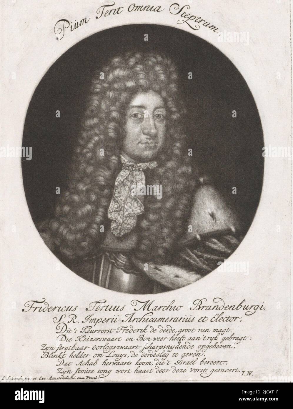 Frederick I, king in Prussia and as Frederick III, elector of Brandenburg He was Elector of Brandenburg from 1688 to 1701 and, until his death, Frederick I King of Prussia, Portrait of Frederick I of Prussia Portraits of royalty and their coats of arms  Leopoldo I Magno SRI Imperatori Semper Augusto  on object, print maker: Pieter Schenk (I), (mentioned on object), Jan Norel, (mentioned on object), publisher: Pieter Schenk (I), (mentioned on object), Amsterdam, 1690 - 1713, paper, engraving, h 187 mm × w 141 mm Stock Photo