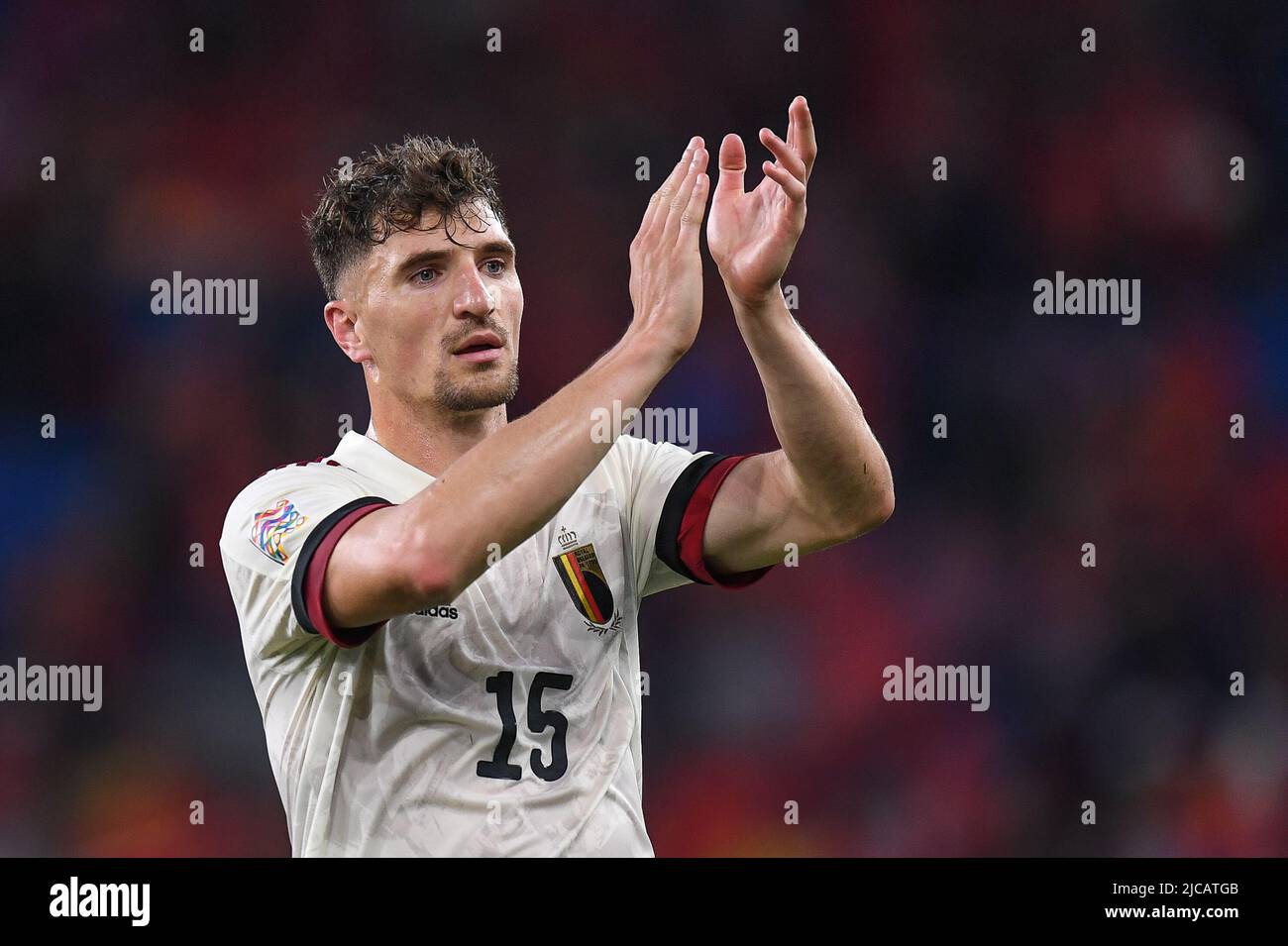 Cardiff, UK. 11th June, 2022. Thomas Meunier of Belgium, applauds the travelling supporters Credit: News Images /Alamy Live News Stock Photo